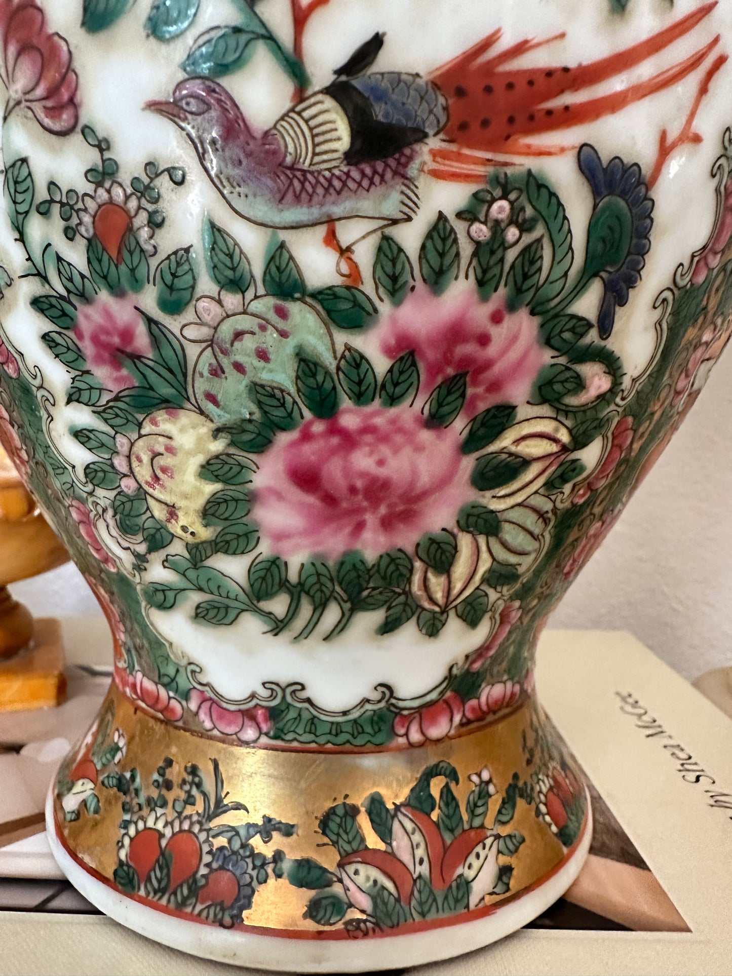 Vintage Macau Rose Medallion Temple Jar with Lid, 12.75" Chinoiserie Ginger Jar, Famille Rose Porcelain Vase
