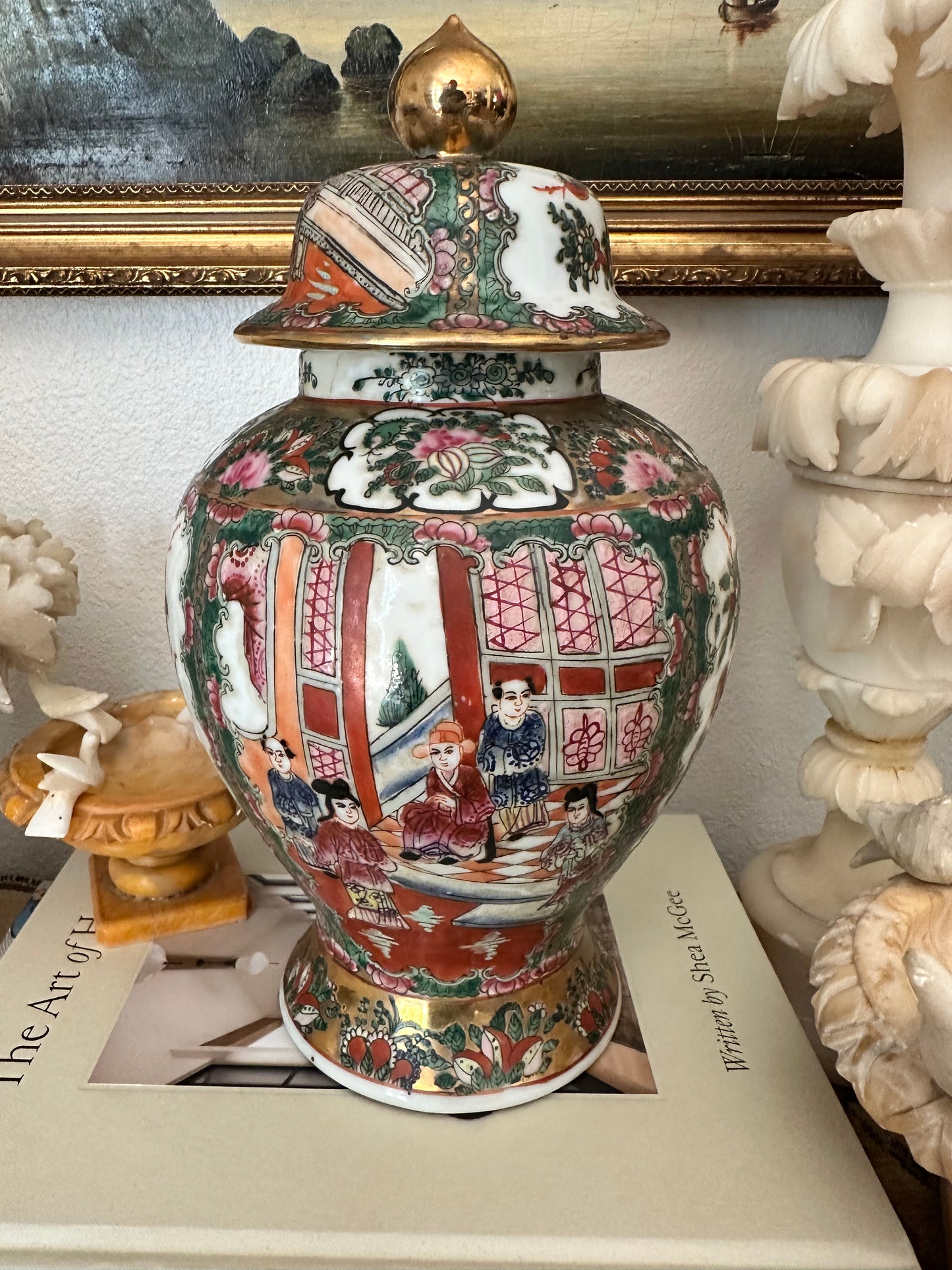 Vintage Macau Rose Medallion Temple Jar with Lid, 12.75" Chinoiserie Ginger Jar, Famille Rose Porcelain Vase