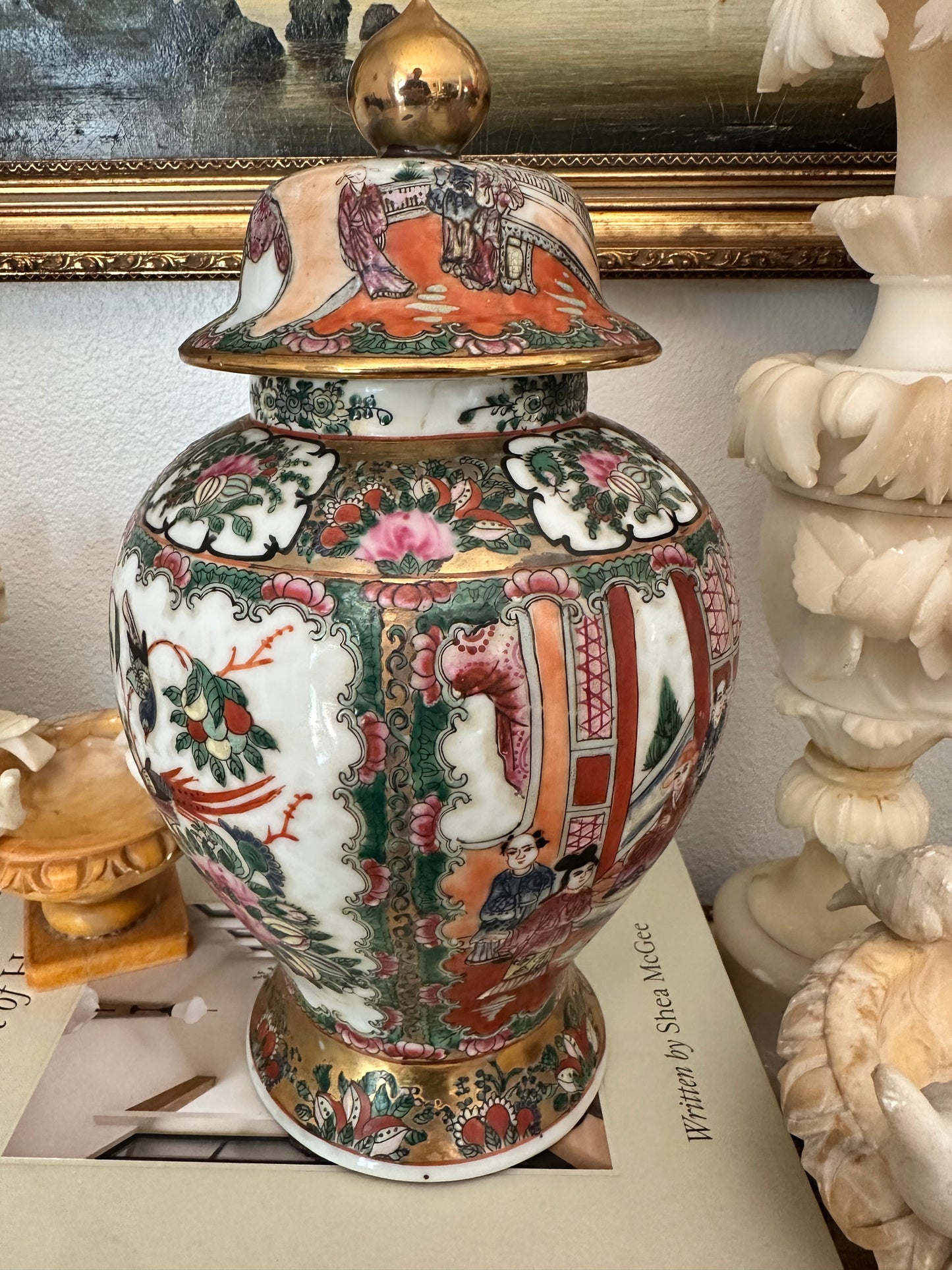 Vintage Macau Rose Medallion Temple Jar with Lid, 12.75" Chinoiserie Ginger Jar, Famille Rose Porcelain Vase