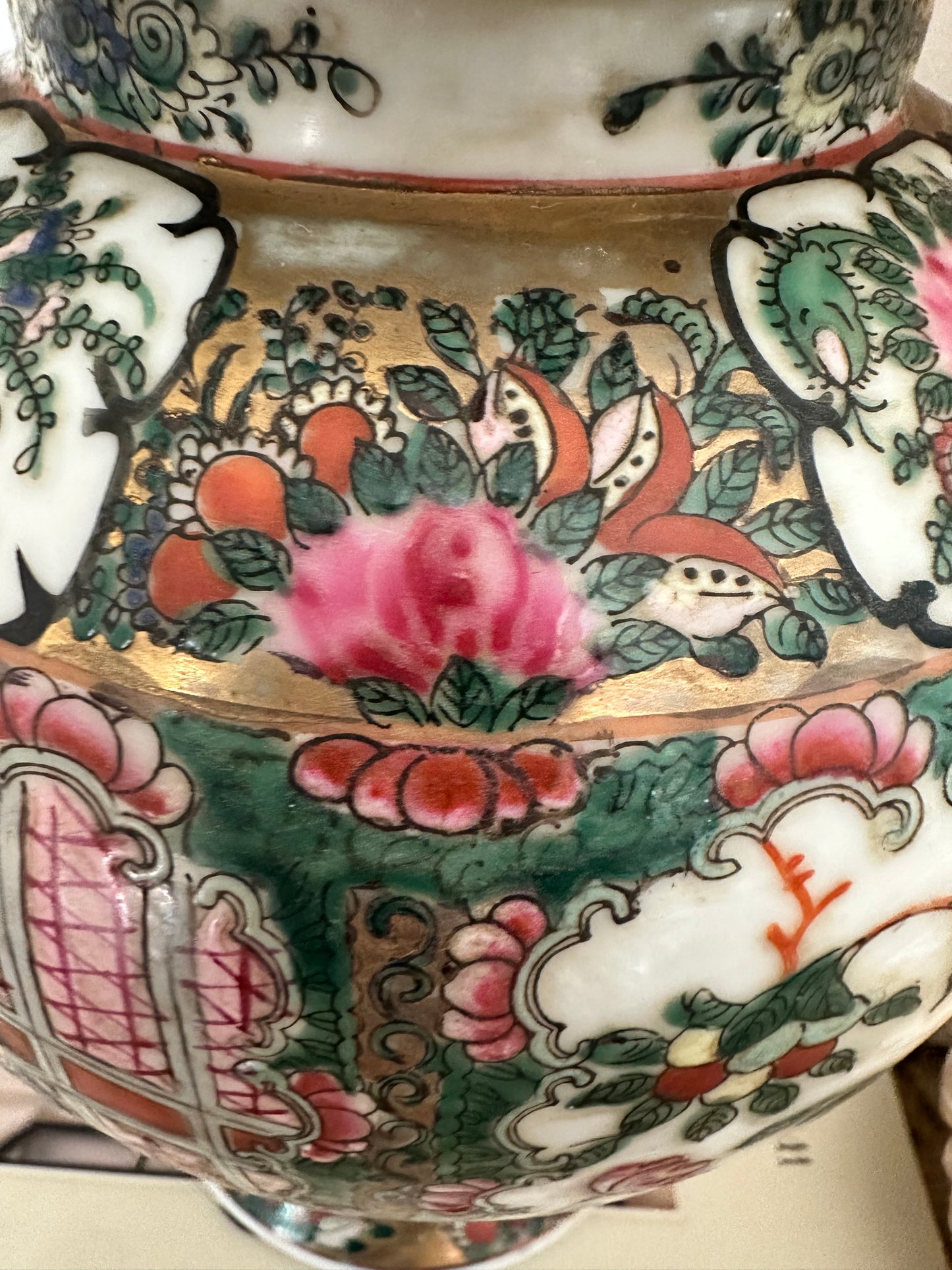 Vintage Macau Rose Medallion Temple Jar with Lid, 12.75" Chinoiserie Ginger Jar, Famille Rose Porcelain Vase