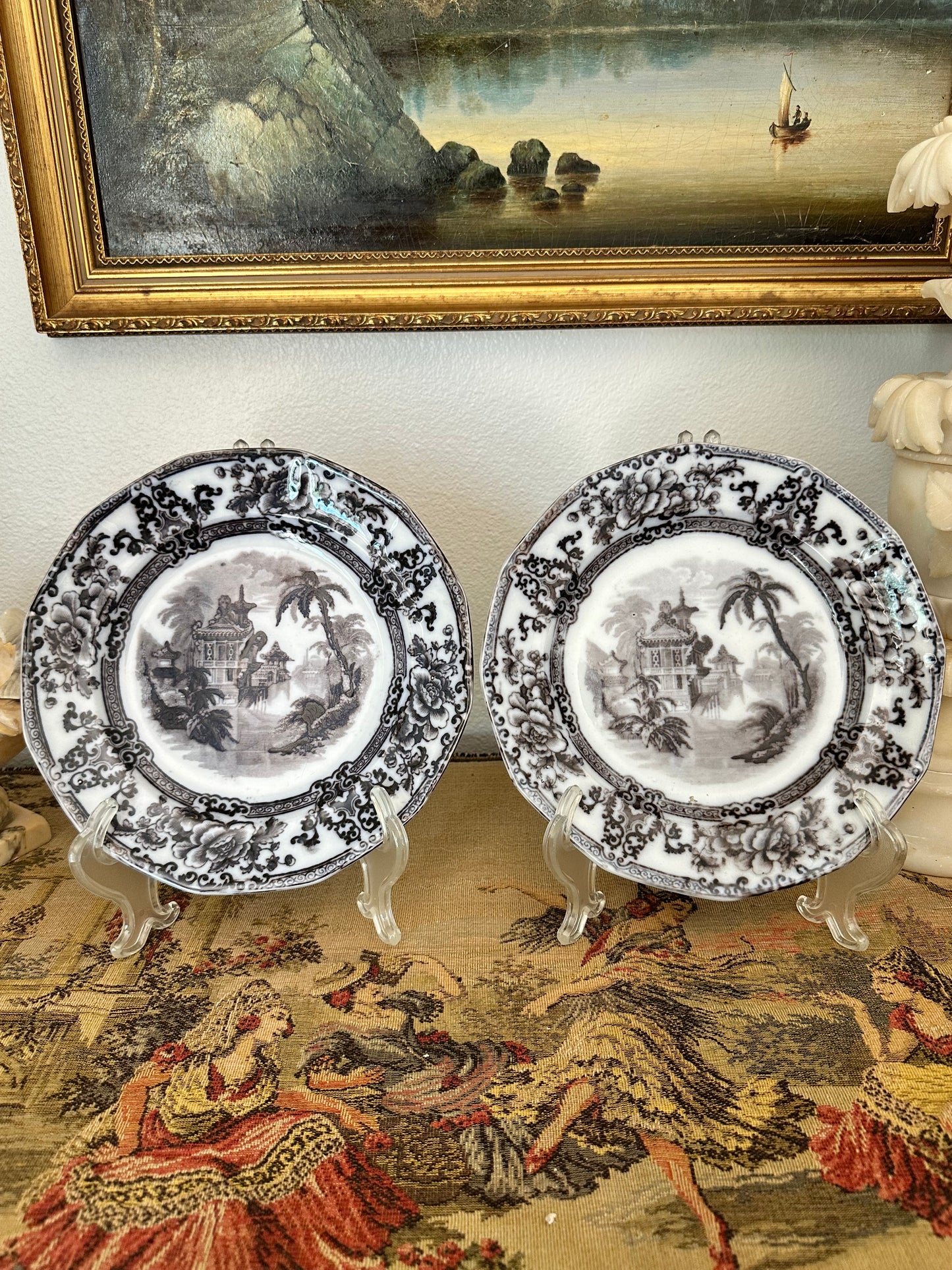 Antique Davenport Cyprus Flow Black 9" Ironstone Plates – Two Available, Sold Individually