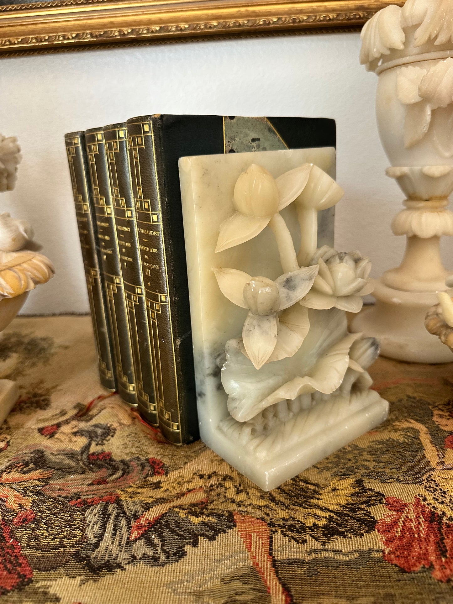 Pair of Vintage Alabaster Lotus Flower Bookends