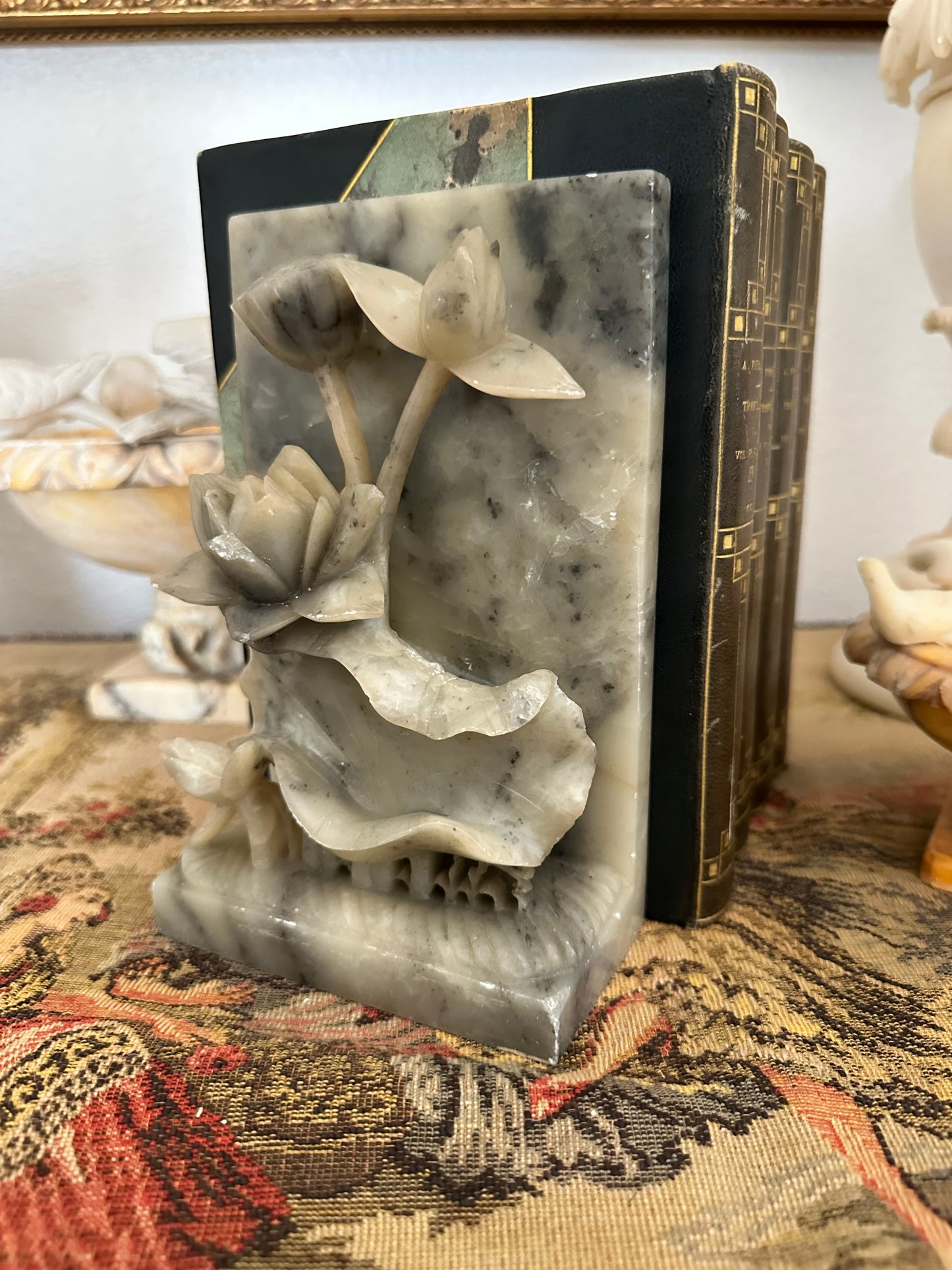 Pair of Vintage Alabaster Lotus Flower Bookends