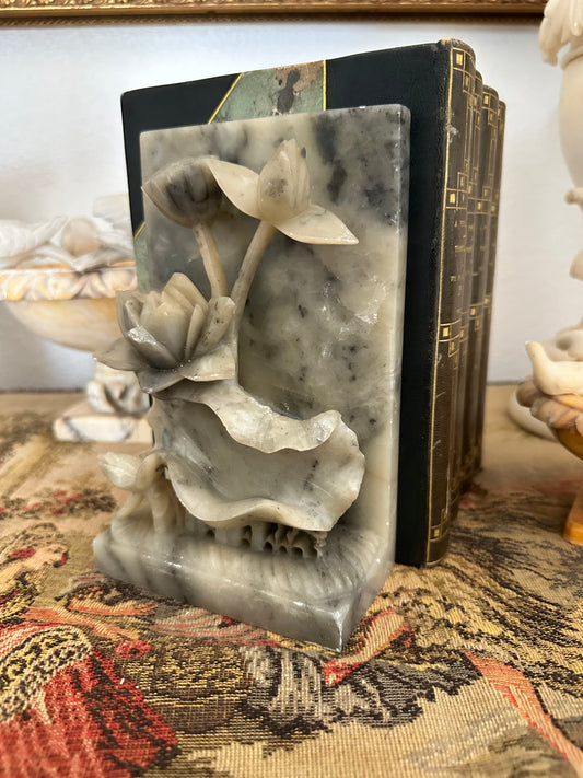 Pair of Vintage Alabaster Lotus Flower Bookends