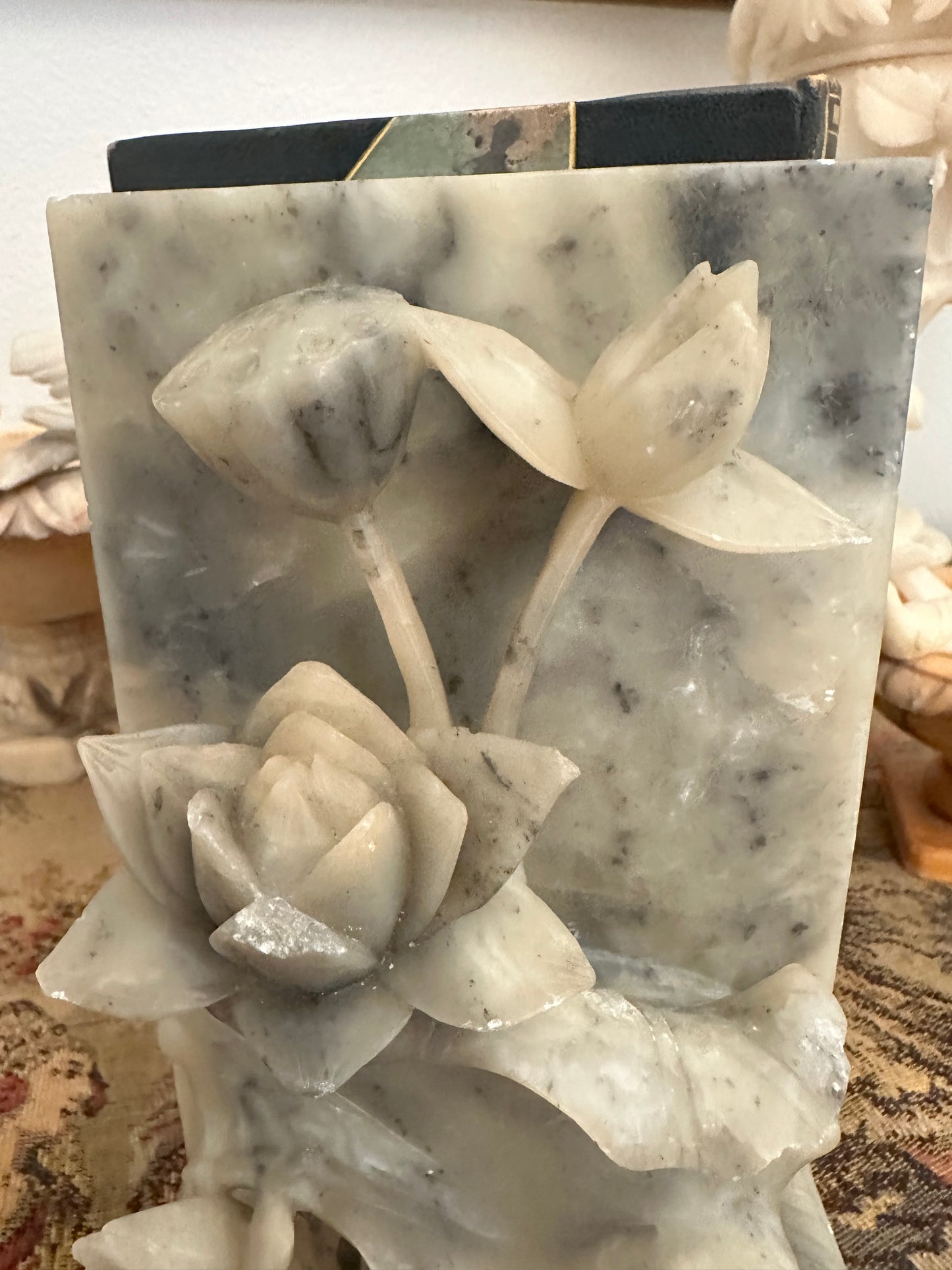 Pair of Vintage Alabaster Lotus Flower Bookends