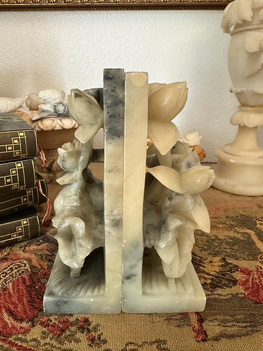 Pair of Vintage Alabaster Lotus Flower Bookends