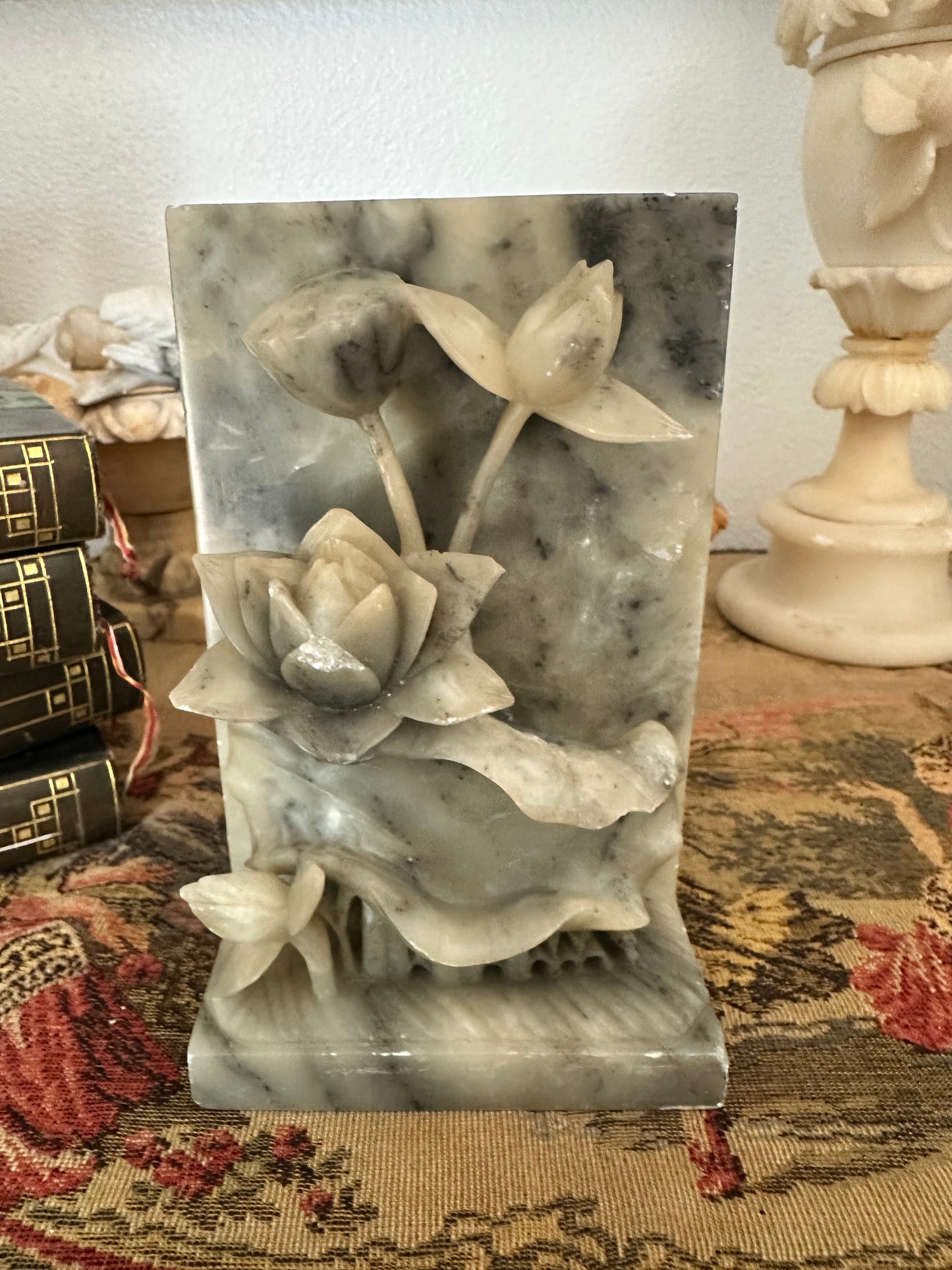Pair of Vintage Alabaster Lotus Flower Bookends