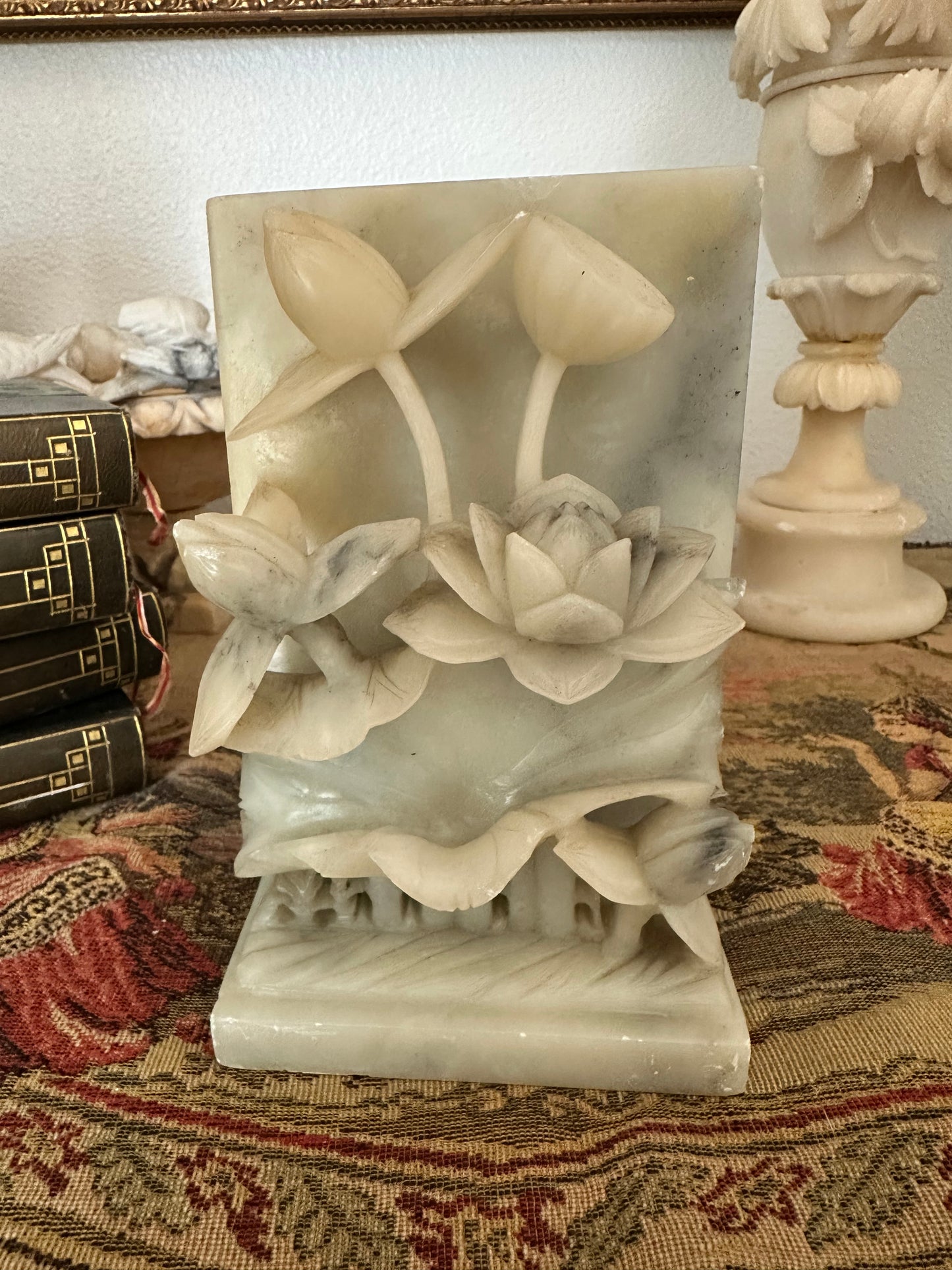 Pair of Vintage Alabaster Lotus Flower Bookends