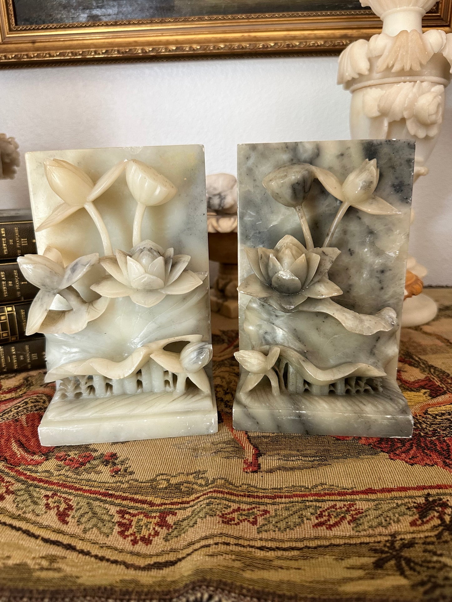 Pair of Vintage Alabaster Lotus Flower Bookends