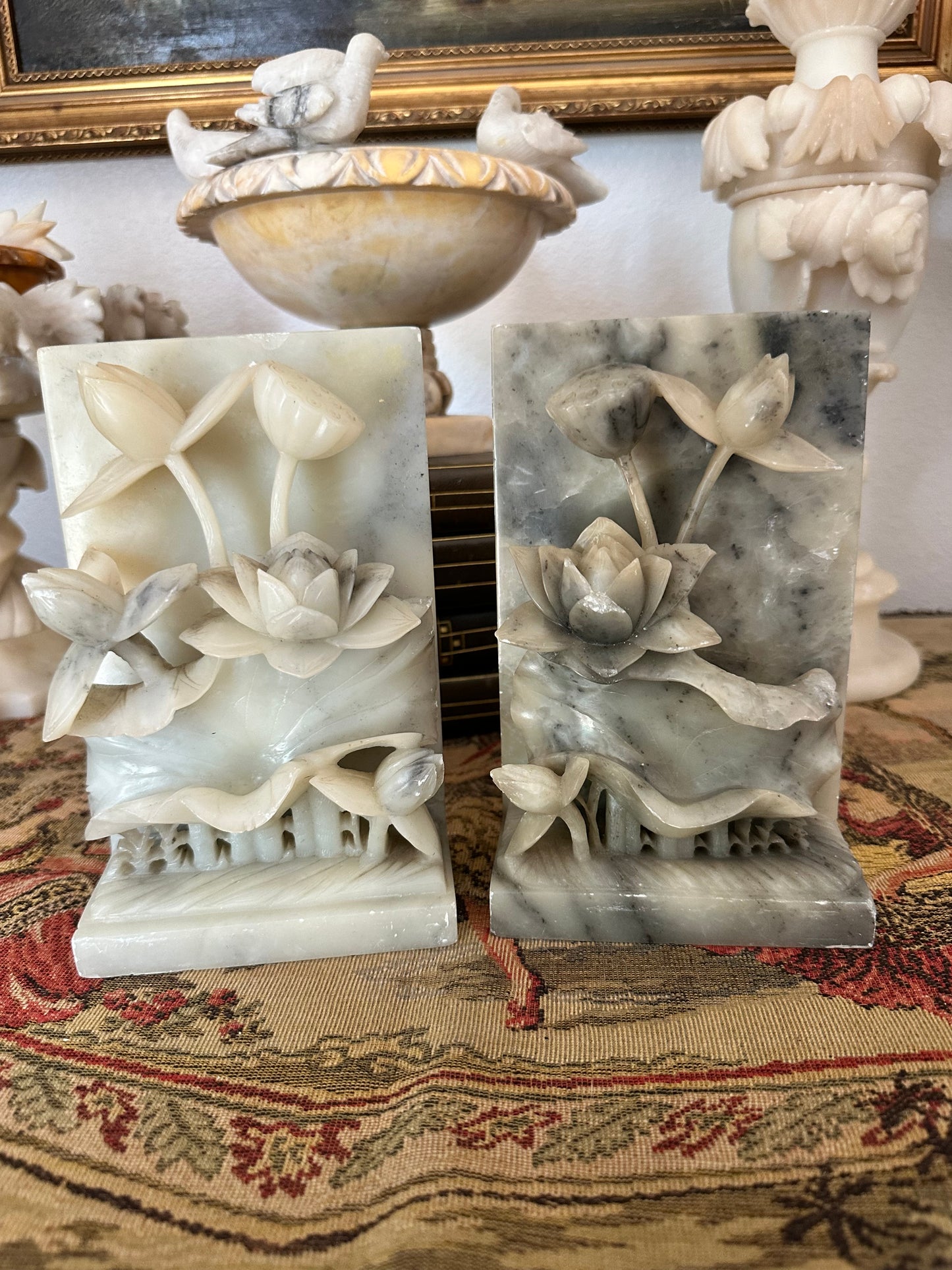 Pair of Vintage Alabaster Lotus Flower Bookends