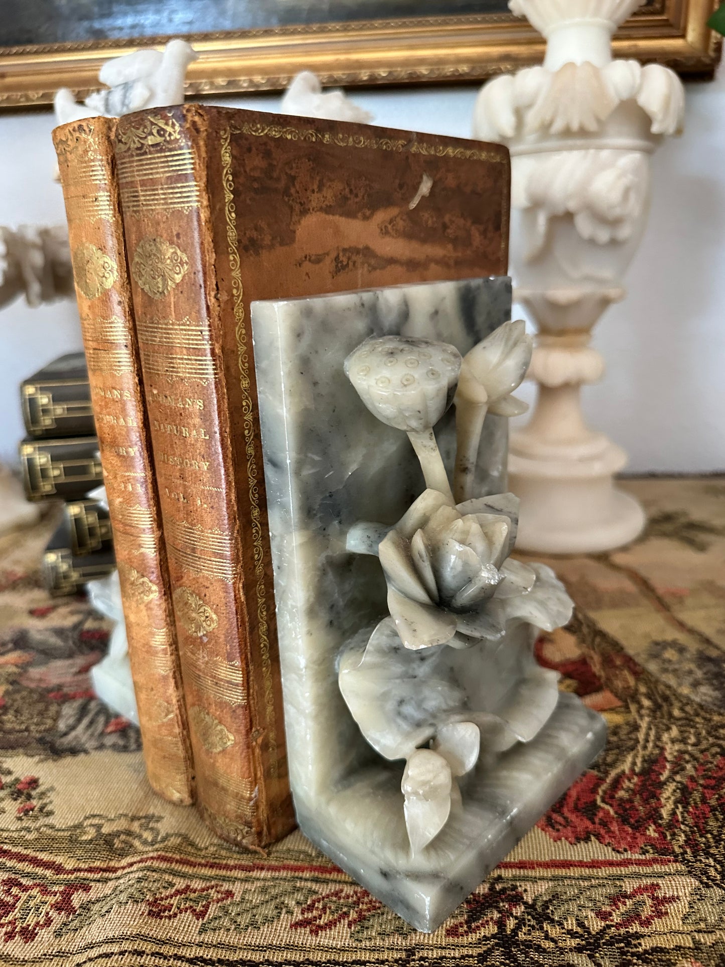 Pair of Vintage Alabaster Lotus Flower Bookends