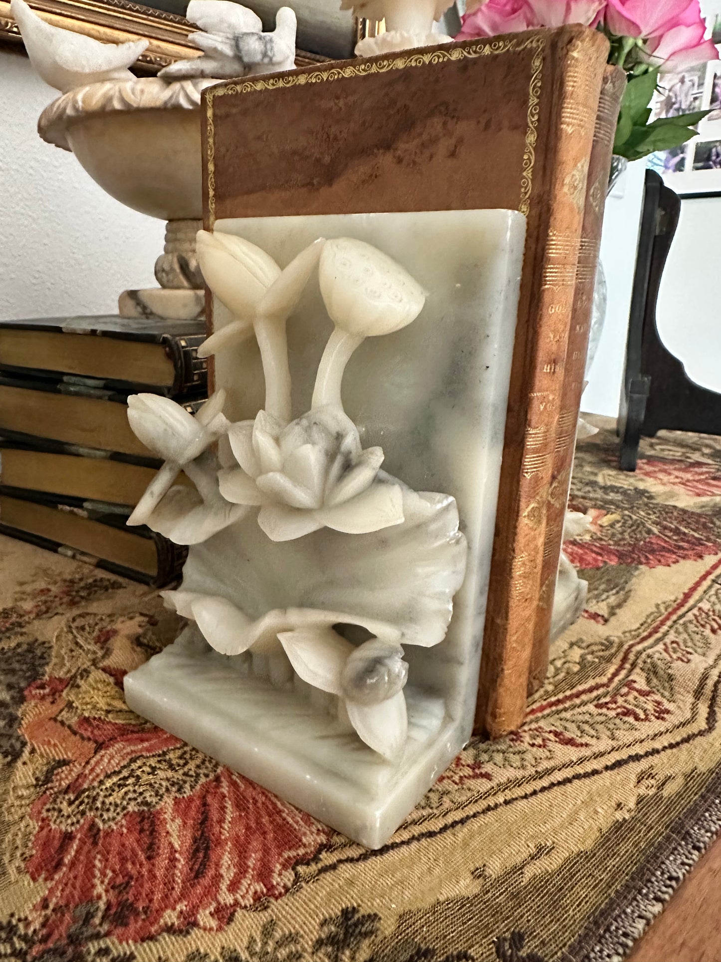 Pair of Vintage Alabaster Lotus Flower Bookends