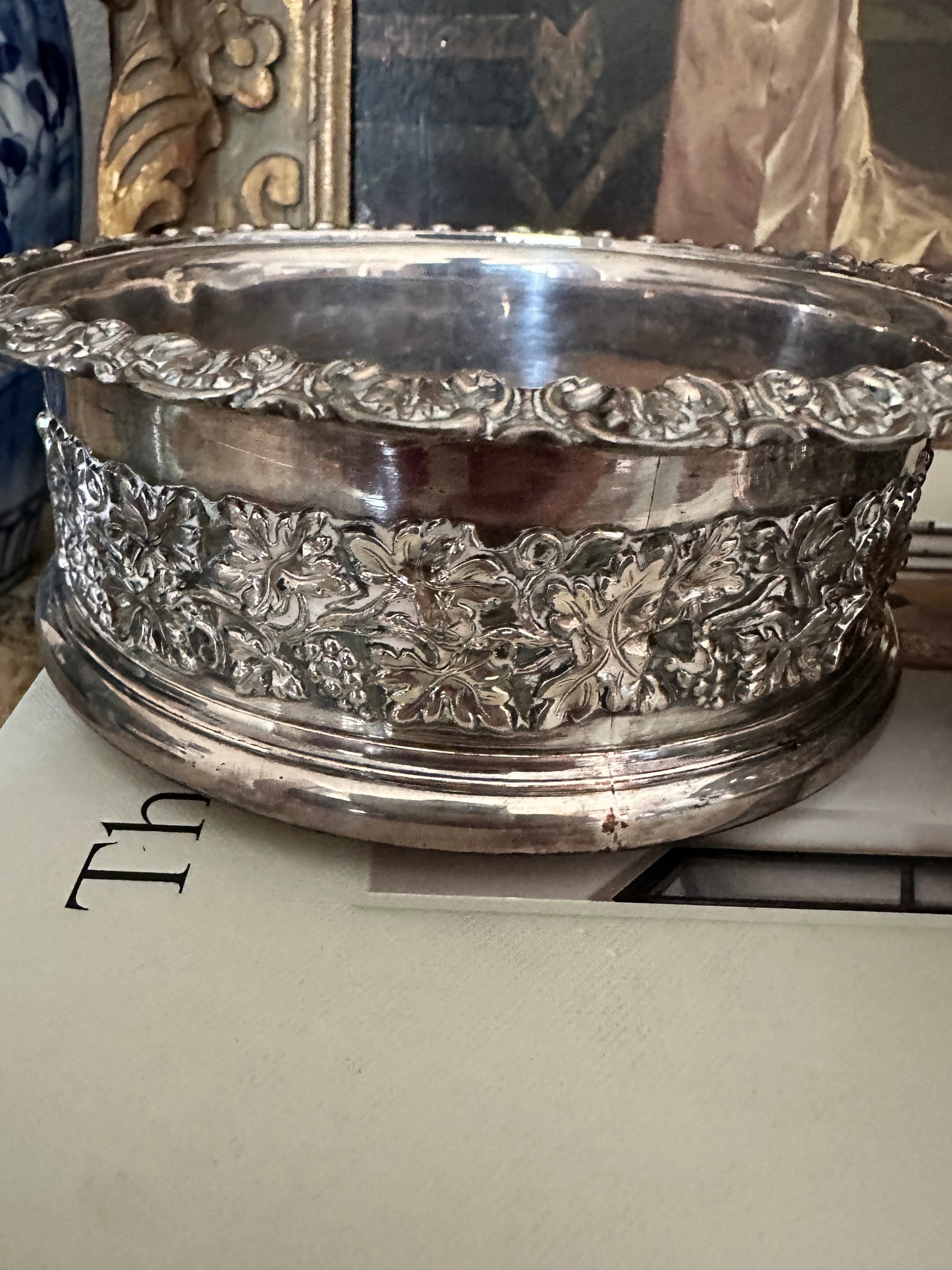 Vintage Wood & Silver Plate Wine Coaster, English Style Bottle Coaster