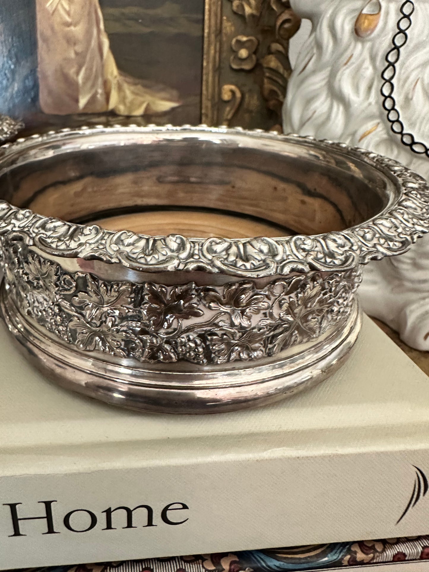 Vintage Wood & Silver Plate Wine Coaster, English Style Bottle Coaster