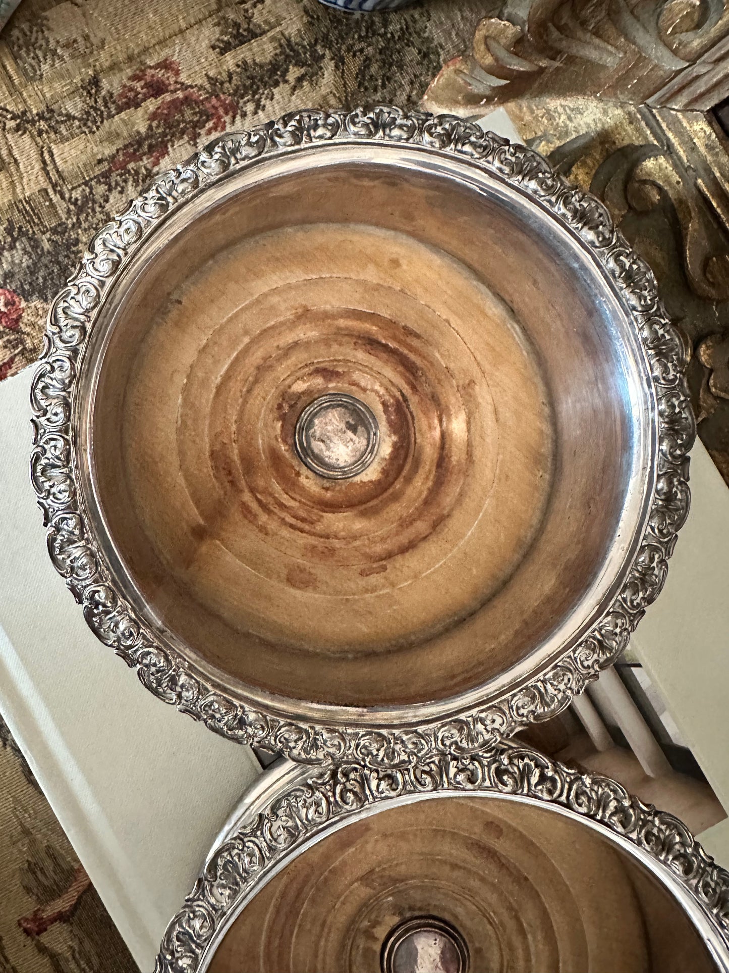 Vintage Wood & Silver Plate Wine Coaster, English Style Bottle Coaster