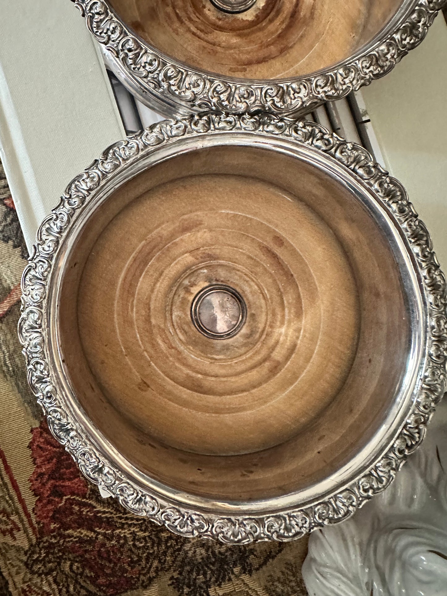 Vintage Wood & Silver Plate Wine Coaster, English Style Bottle Coaster