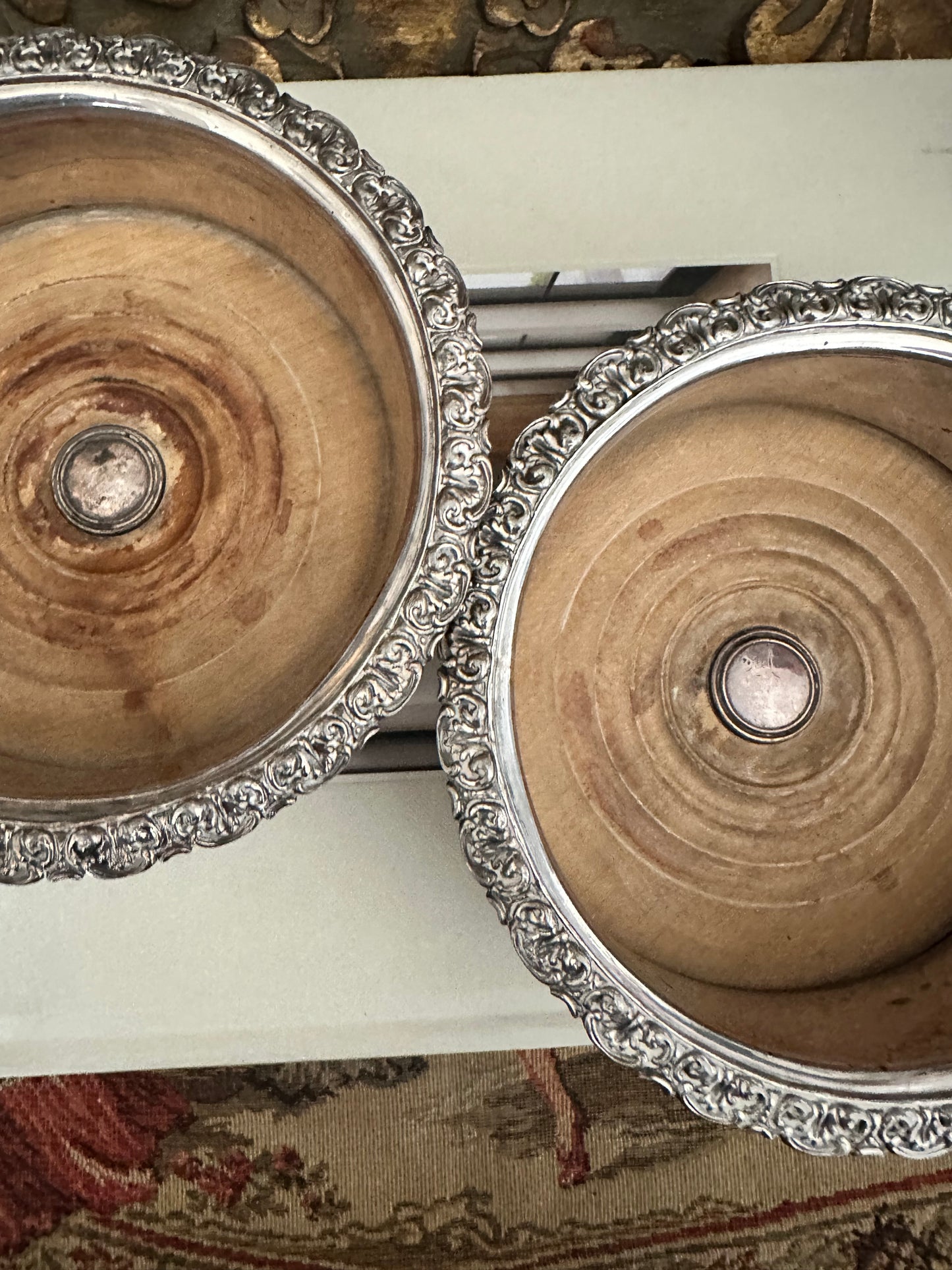 Vintage Wood & Silver Plate Wine Coaster, English Style Bottle Coaster