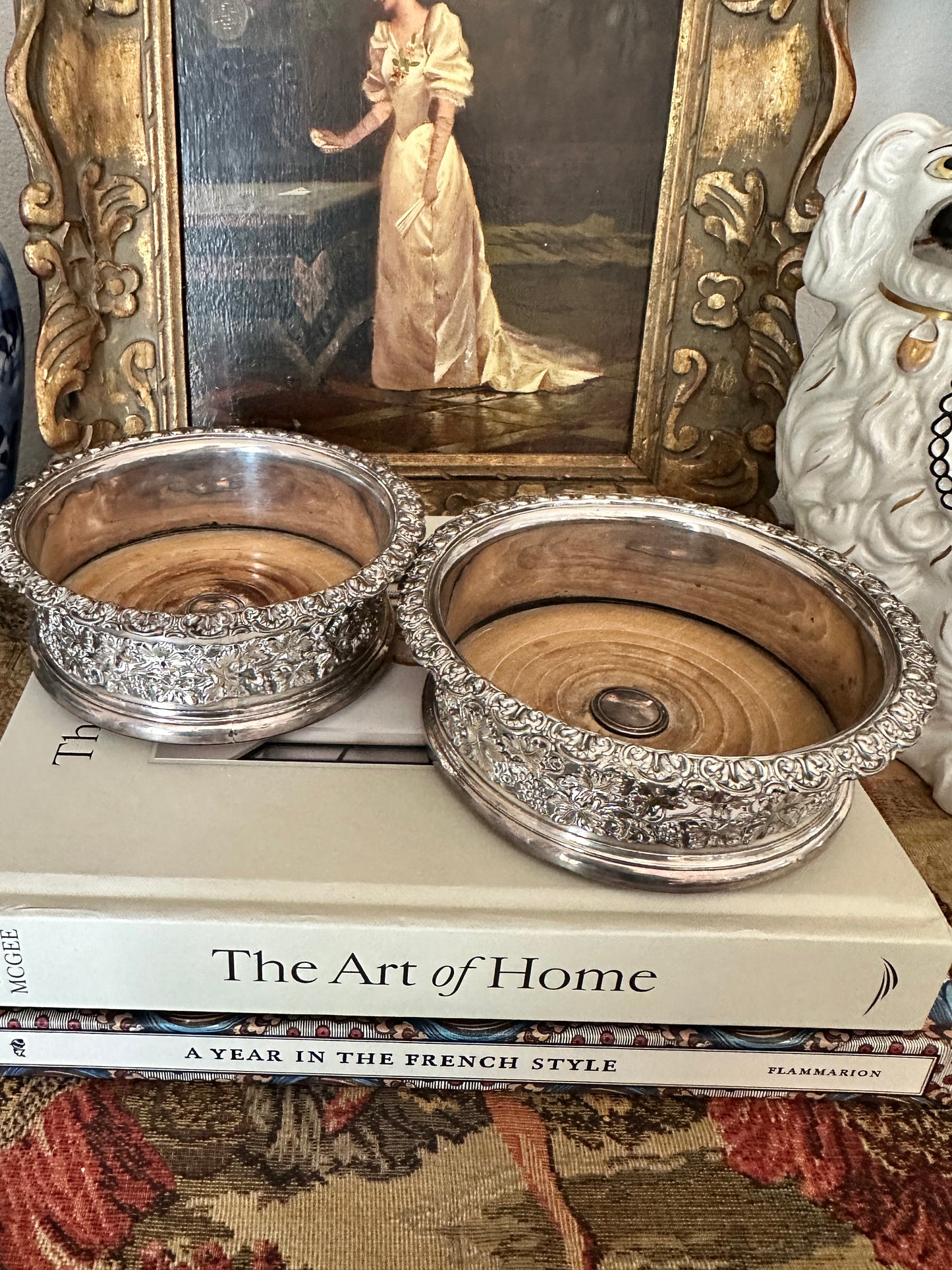 Vintage Wood & Silver Plate Wine Coaster, English Style Bottle Coaster