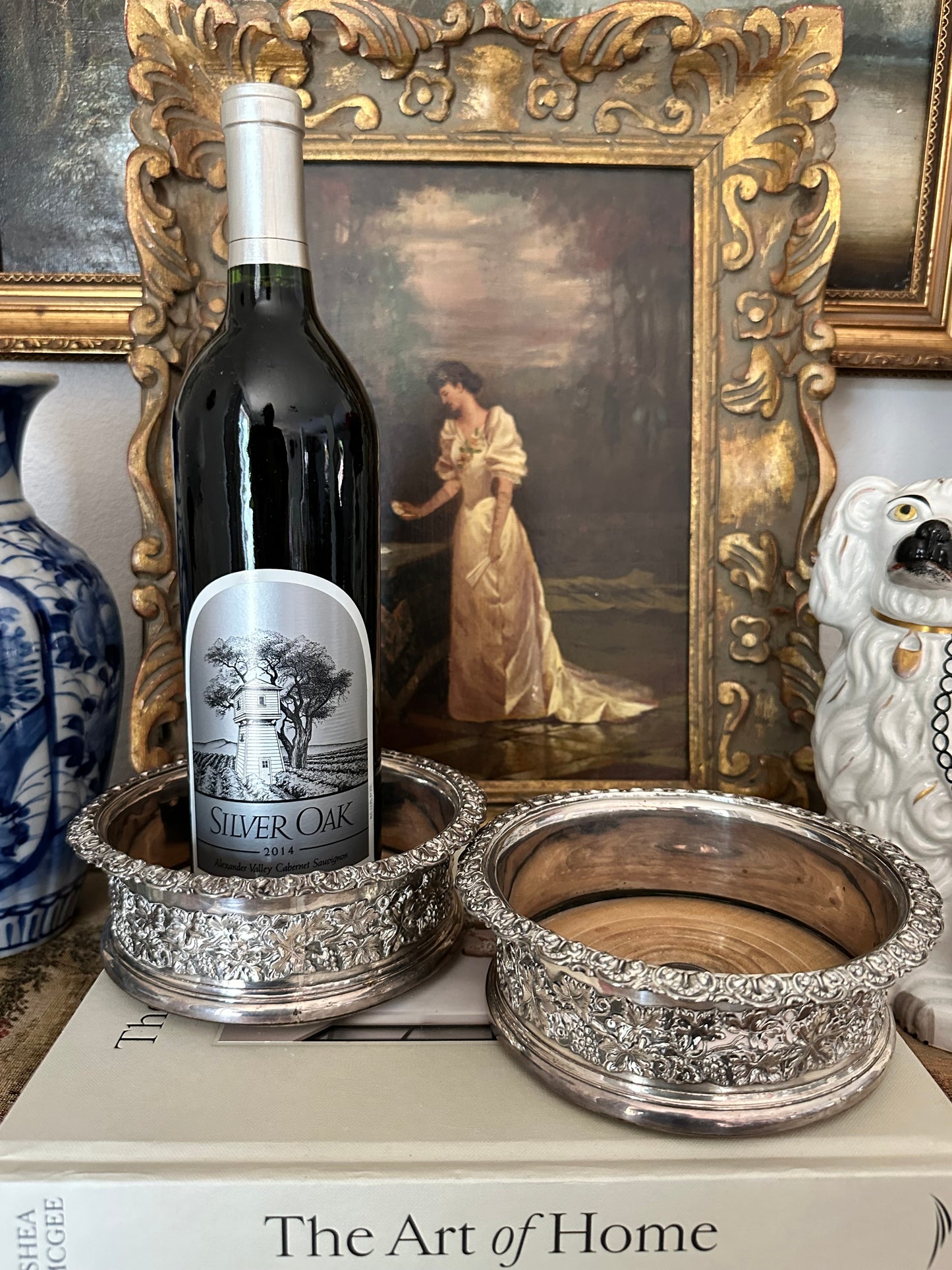 Vintage Wood & Silver Plate Wine Coaster, English Style Bottle Coaster