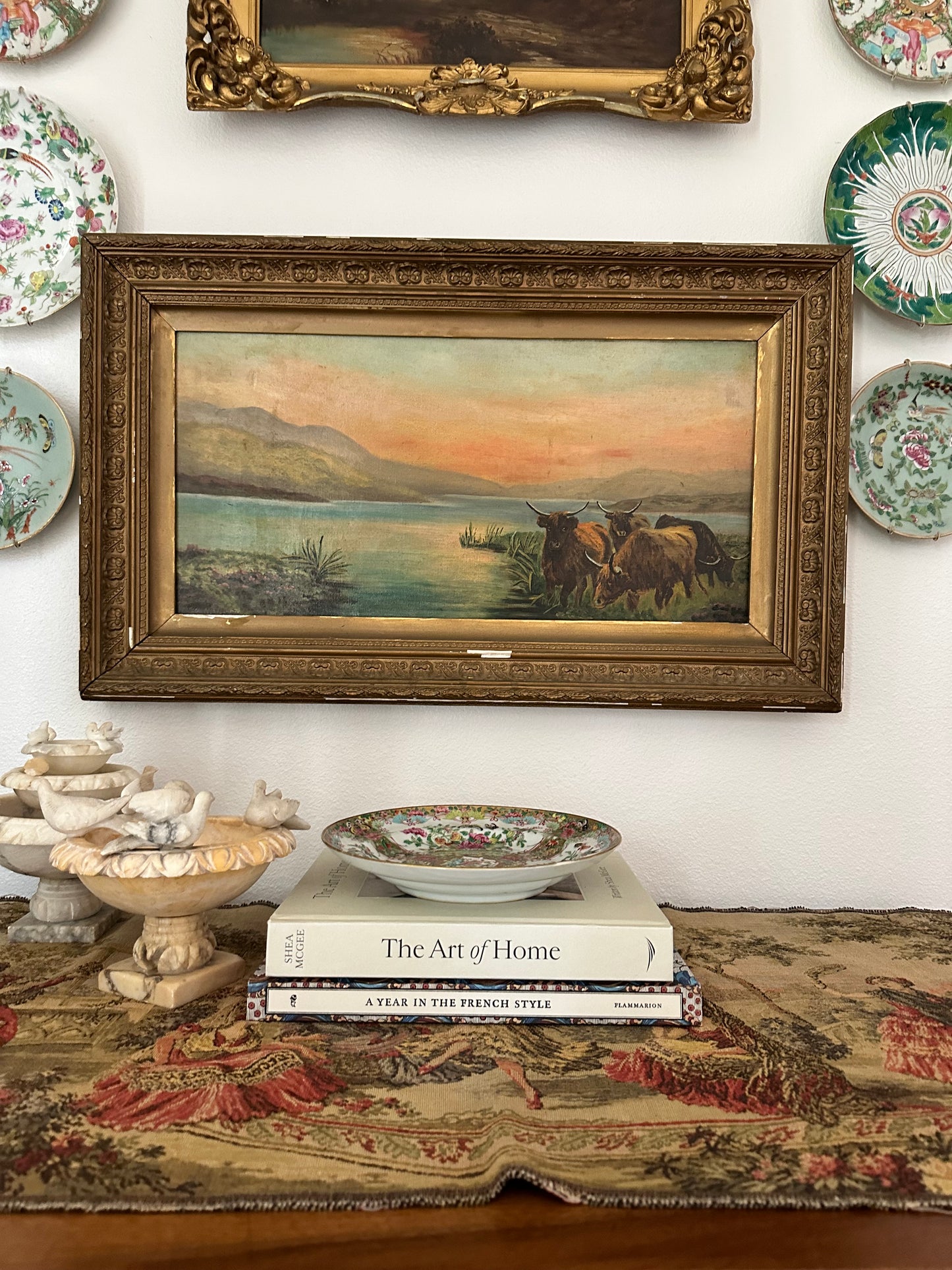 Antique English Highland Cattle Landscape Painting, Edith M. Venner, Framed Oil on Canvas, 30.5" x 18.5"