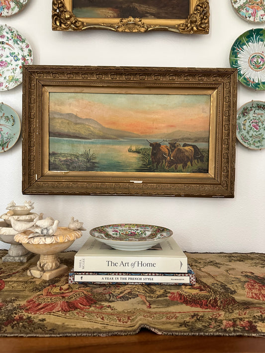 Antique English Highland Cattle Landscape Painting, Edith M. Venner, Framed Oil on Canvas, 30.5" x 18.5"
