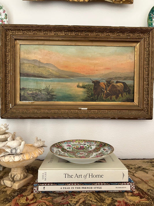Antique English Highland Cattle Landscape Painting, Edith M. Venner, Framed Oil on Canvas, 30.5" x 18.5"