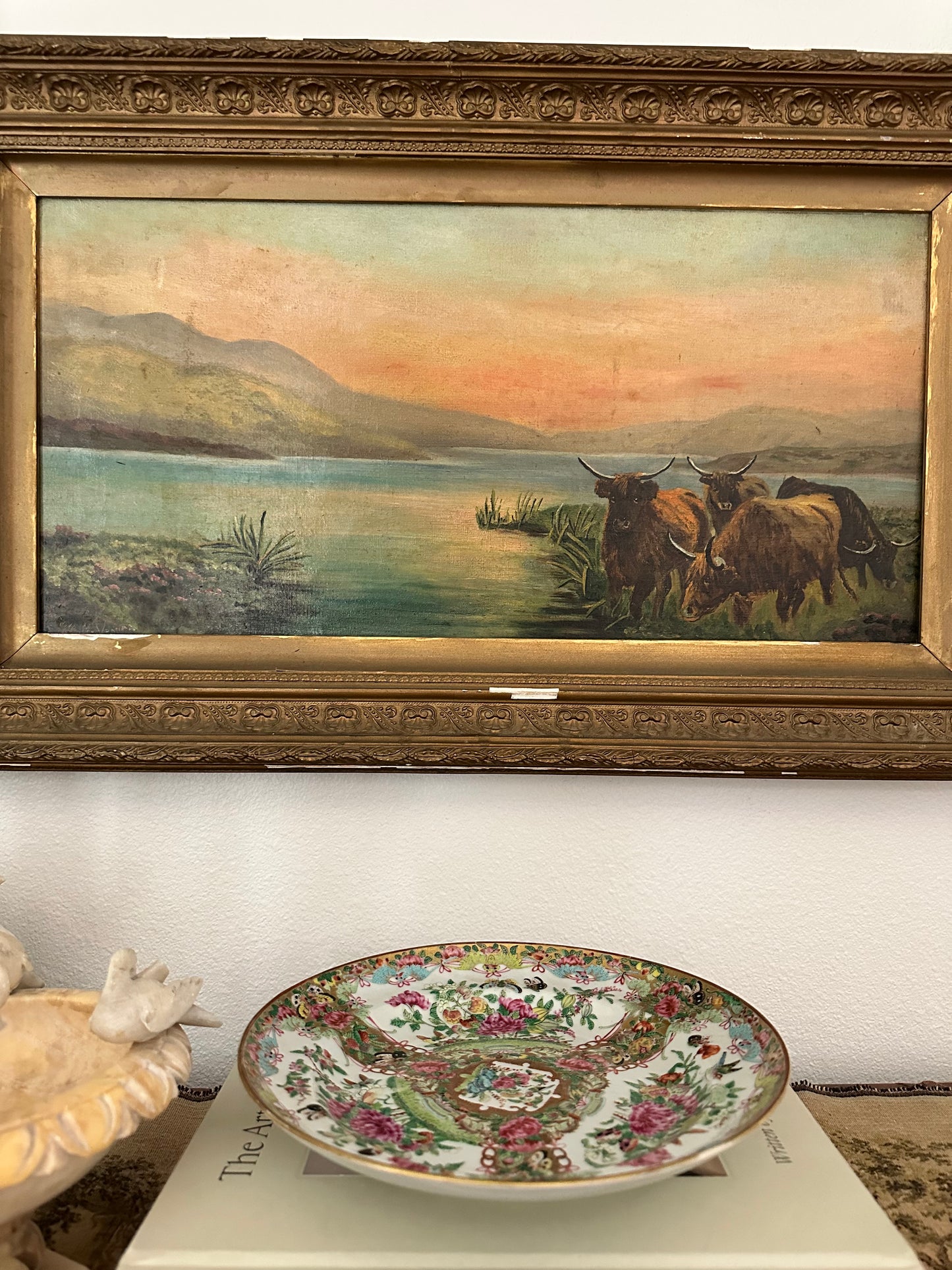 Antique English Highland Cattle Landscape Painting, Edith M. Venner, Framed Oil on Canvas, 30.5" x 18.5"