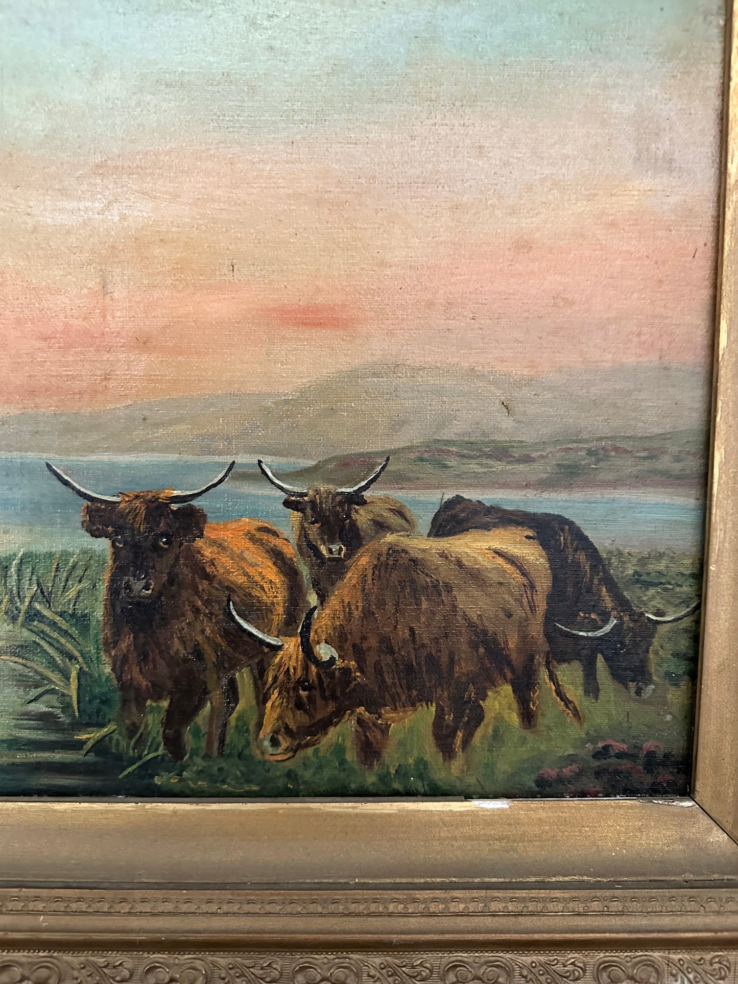 Antique English Highland Cattle Landscape Painting, Edith M. Venner, Framed Oil on Canvas, 30.5" x 18.5"