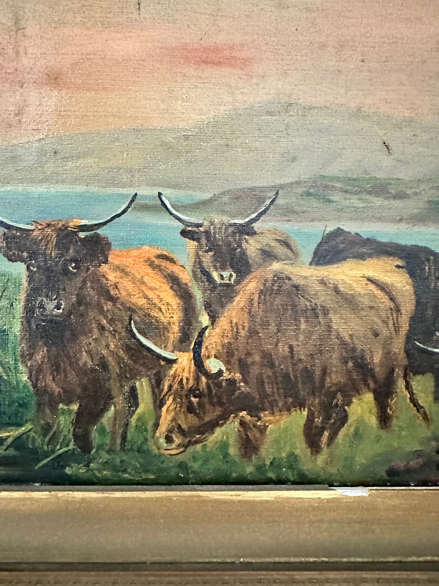 Antique English Highland Cattle Landscape Painting, Edith M. Venner, Framed Oil on Canvas, 30.5" x 18.5"