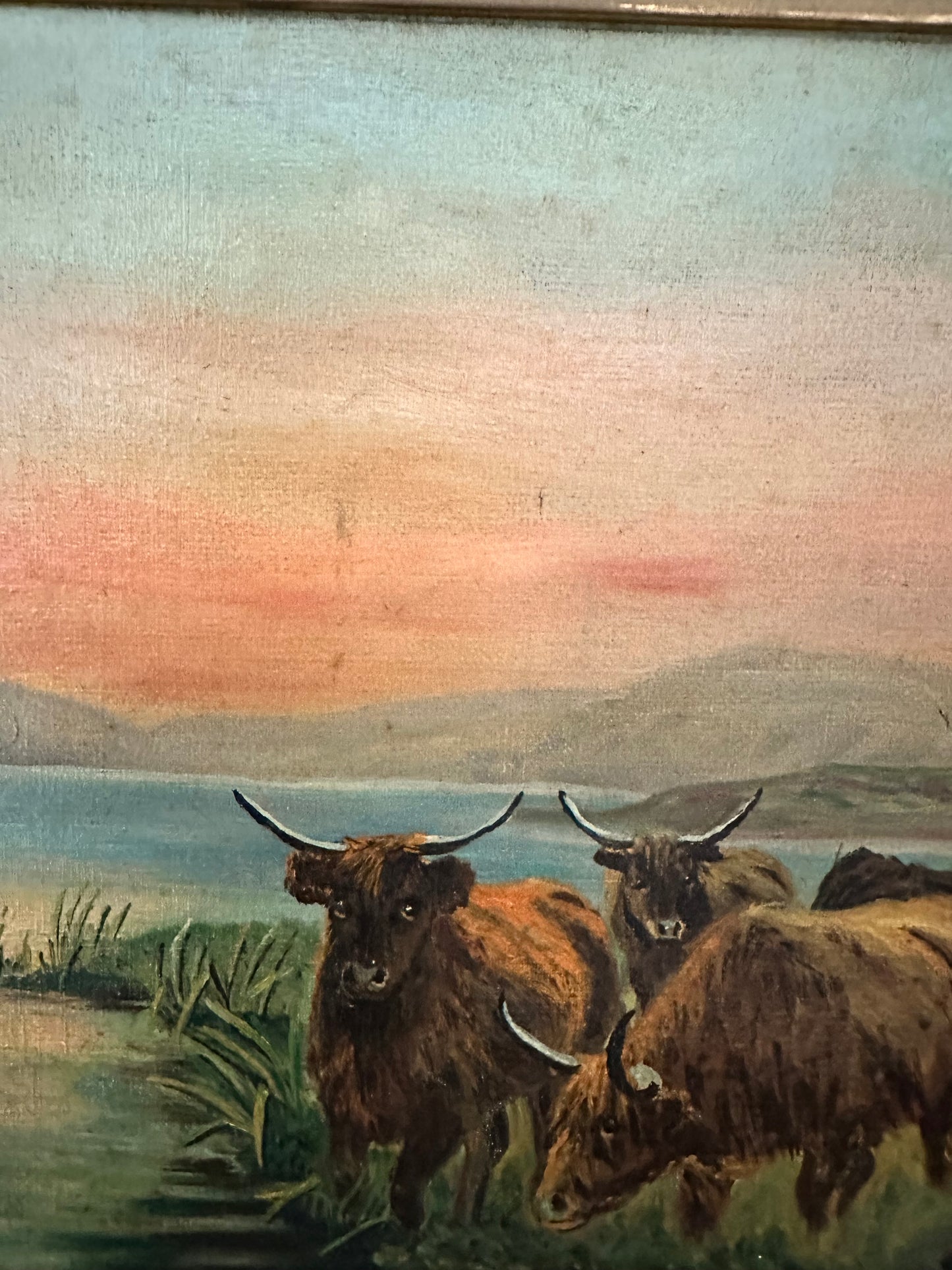 Antique English Highland Cattle Landscape Painting, Edith M. Venner, Framed Oil on Canvas, 30.5" x 18.5"