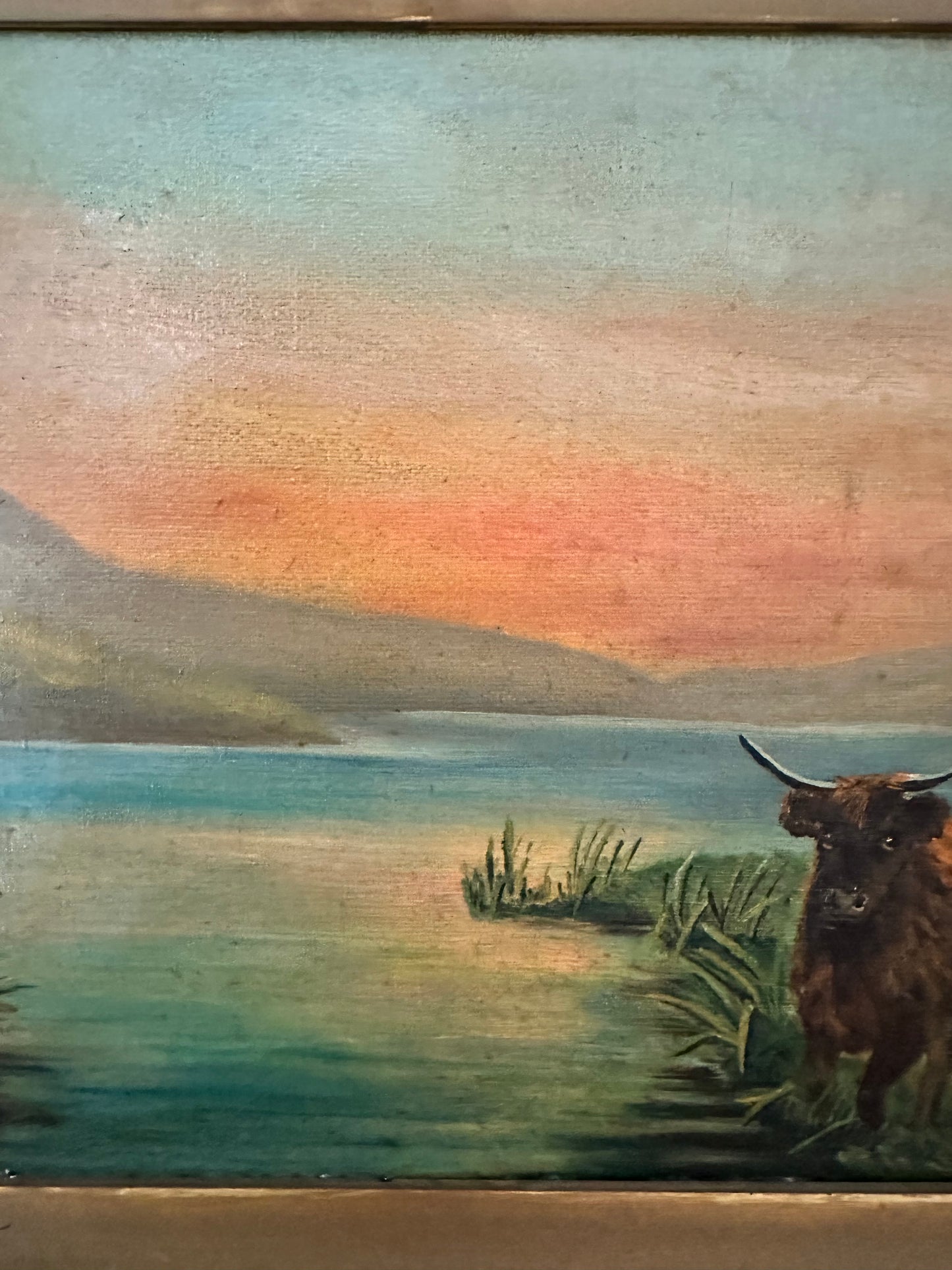 Antique English Highland Cattle Landscape Painting, Edith M. Venner, Framed Oil on Canvas, 30.5" x 18.5"