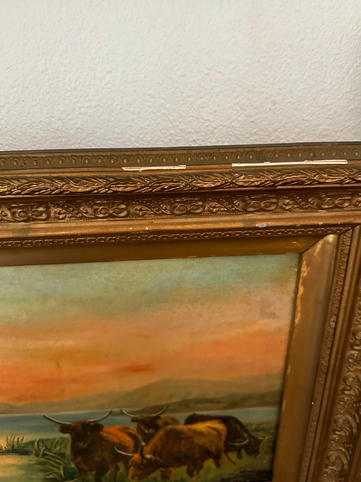 Antique English Highland Cattle Landscape Painting, Edith M. Venner, Framed Oil on Canvas, 30.5" x 18.5"