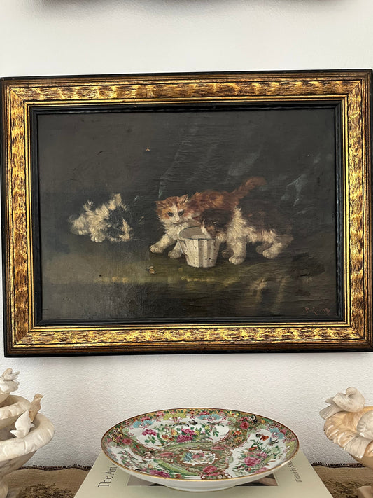 Antique Victorian Oil Painting of Kittens | Moody Cat Portrait