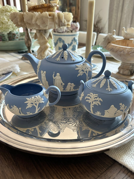 Vintage Wedgwood Jasperware Tea Set, Blue Jasperware Teapot Sugar Bowl & Creamer, Wedgwood England, Neoclassical Relief Decor