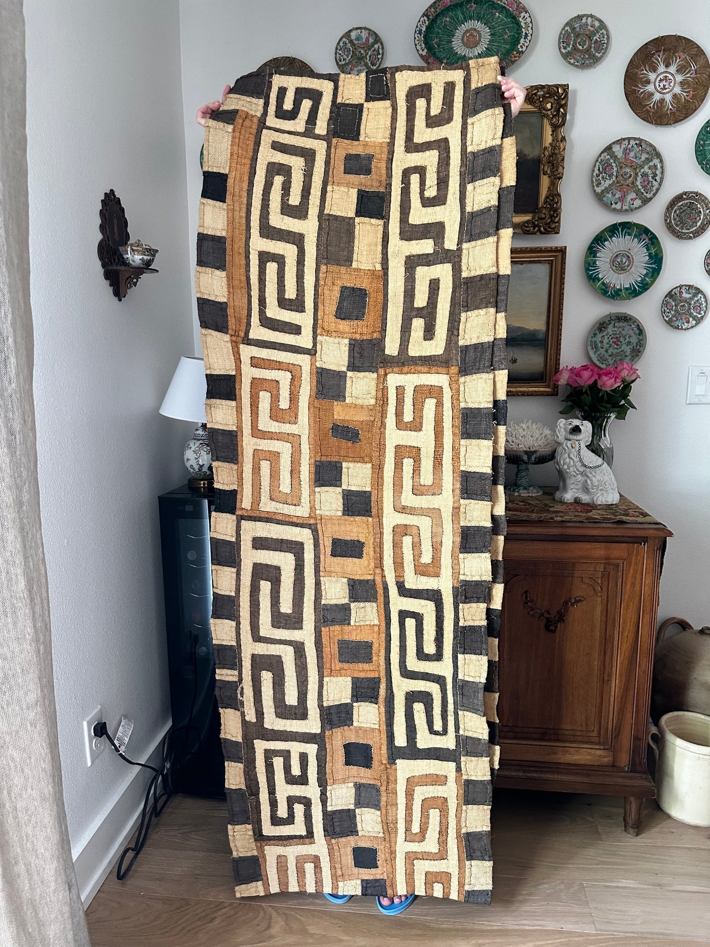 Vintage Kuba Cloth Textile Runner | Handwoven African Raffia Textile | 14 Ft Long