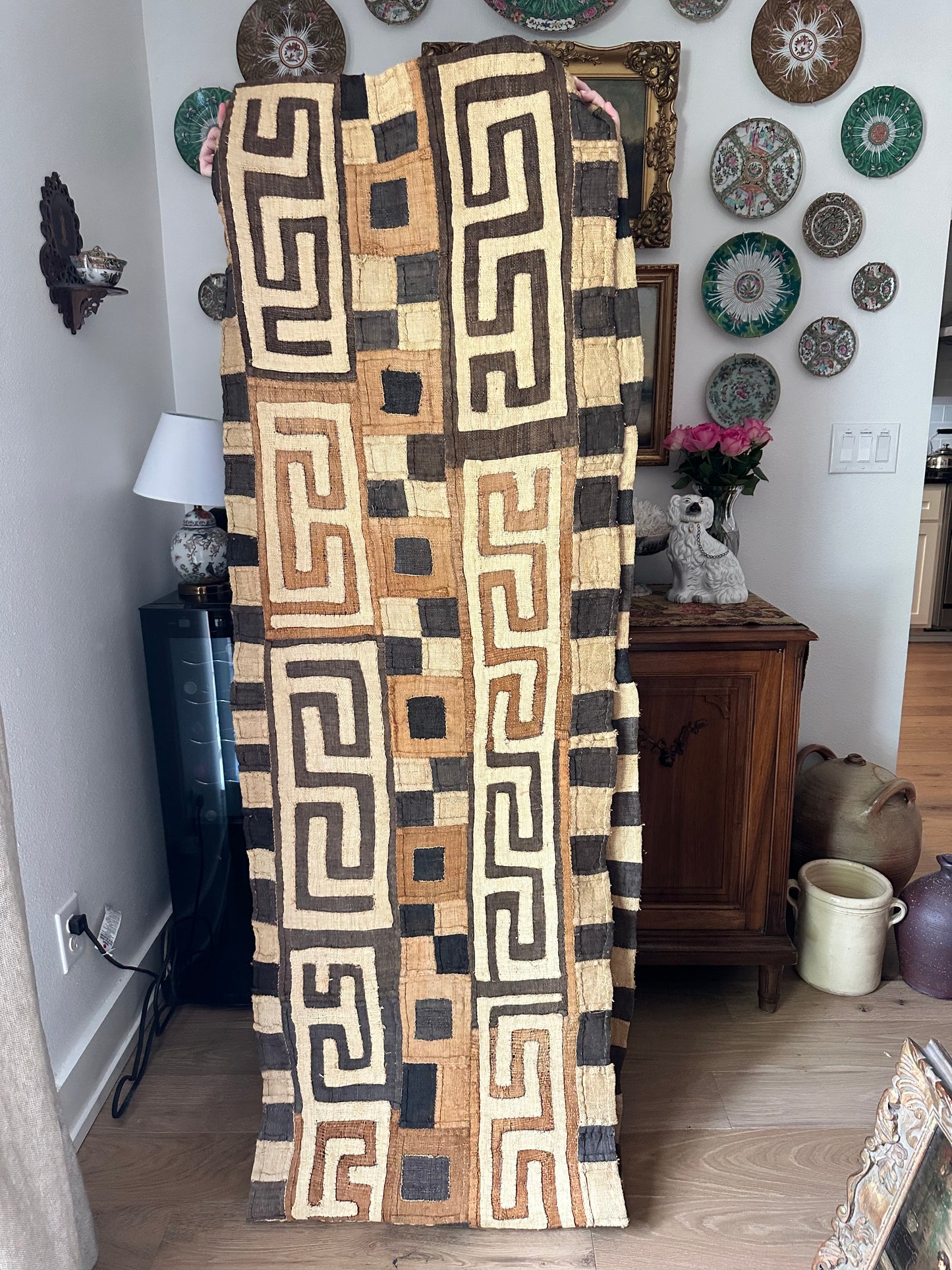 Vintage Kuba Cloth Textile Runner | Handwoven African Raffia Textile | 14 Ft Long