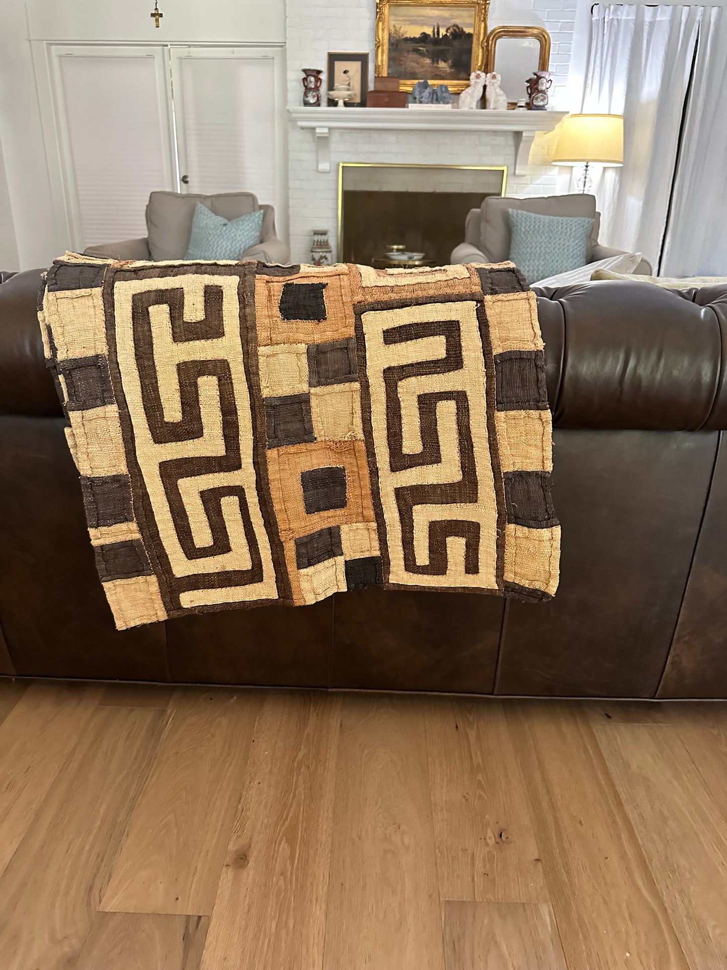 Vintage Kuba Cloth Textile Runner | Handwoven African Raffia Textile | 14 Ft Long