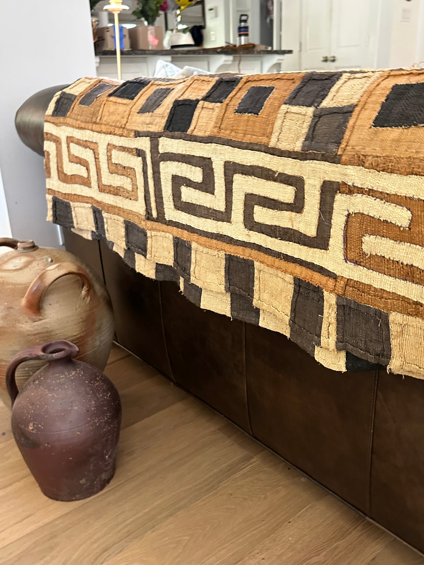 Vintage Kuba Cloth Textile Runner | Handwoven African Raffia Textile | 14 Ft Long