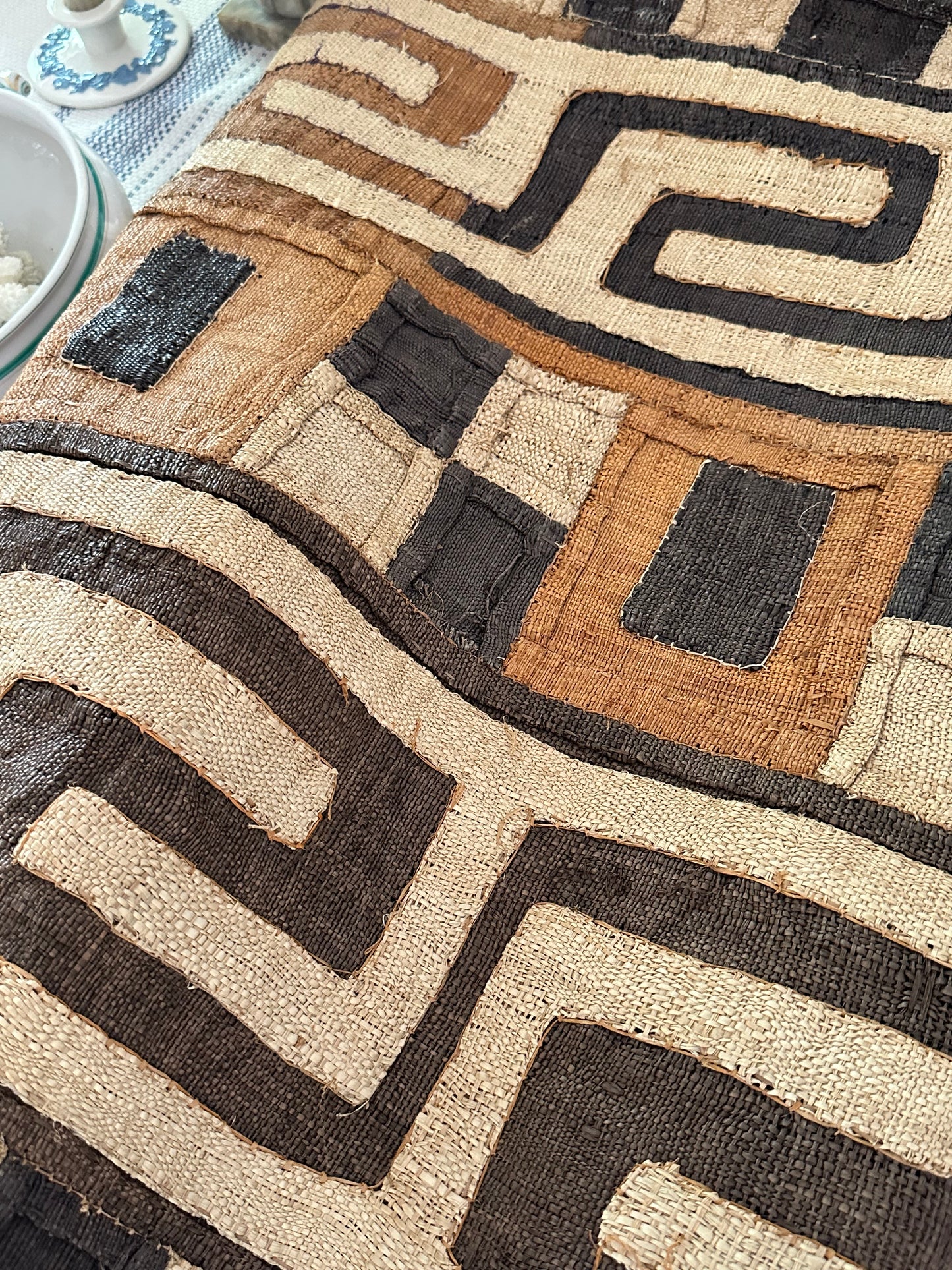 Vintage Kuba Cloth Textile Runner | Handwoven African Raffia Textile | 14 Ft Long