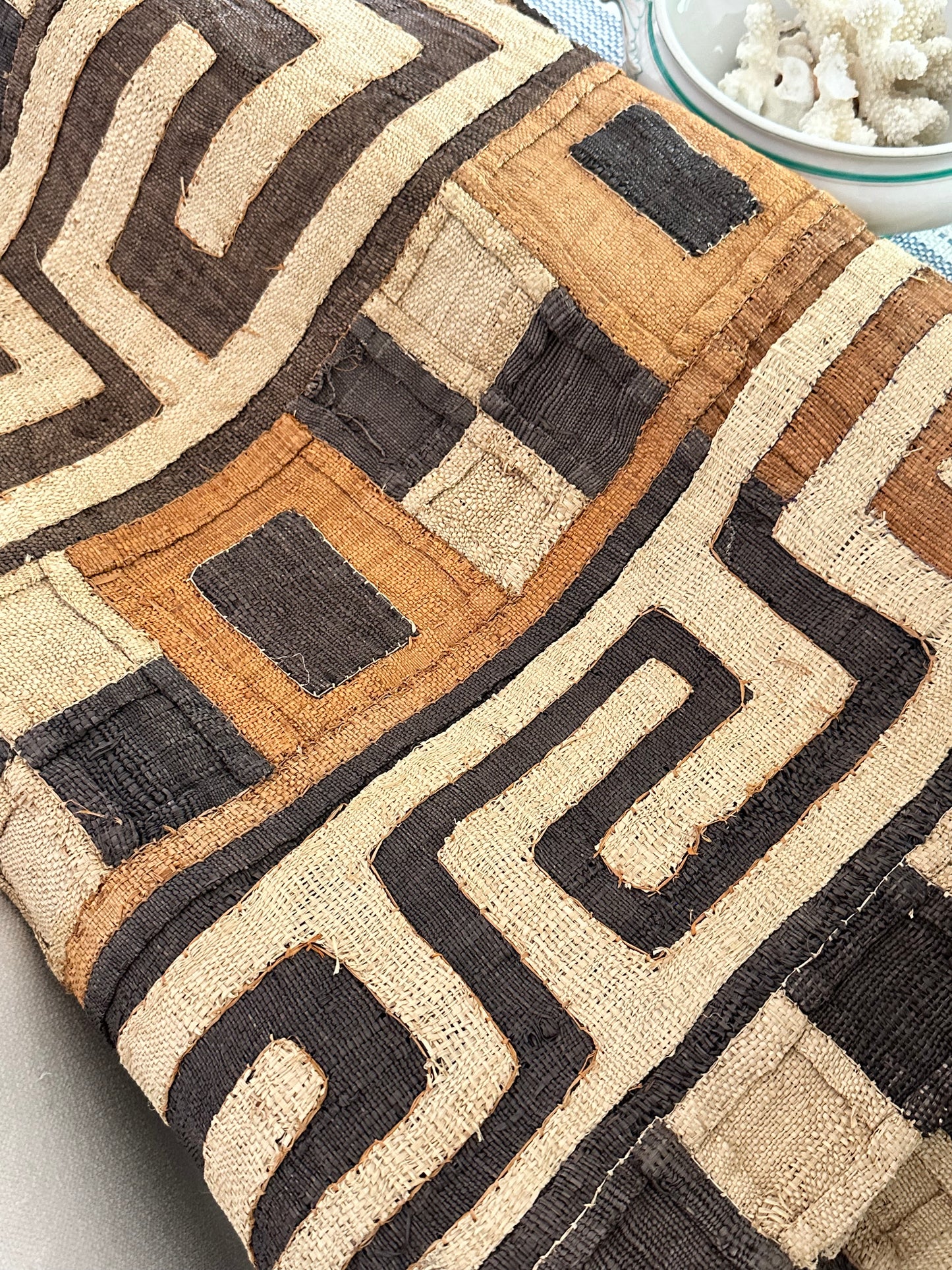 Vintage Kuba Cloth Textile Runner | Handwoven African Raffia Textile | 14 Ft Long