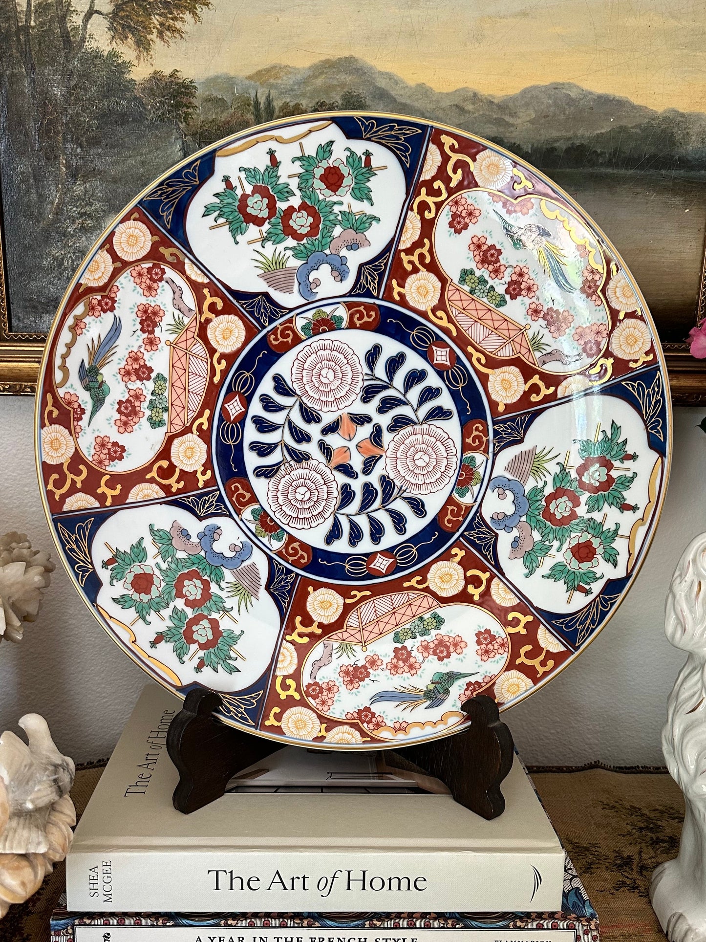 Large Hand Painted Imari Charger, Gold Imari Porcelain Platter with Stand |15.5"
