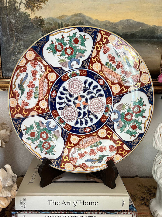Large Hand Painted Imari Charger, Gold Imari Porcelain Platter with Stand |15.5"