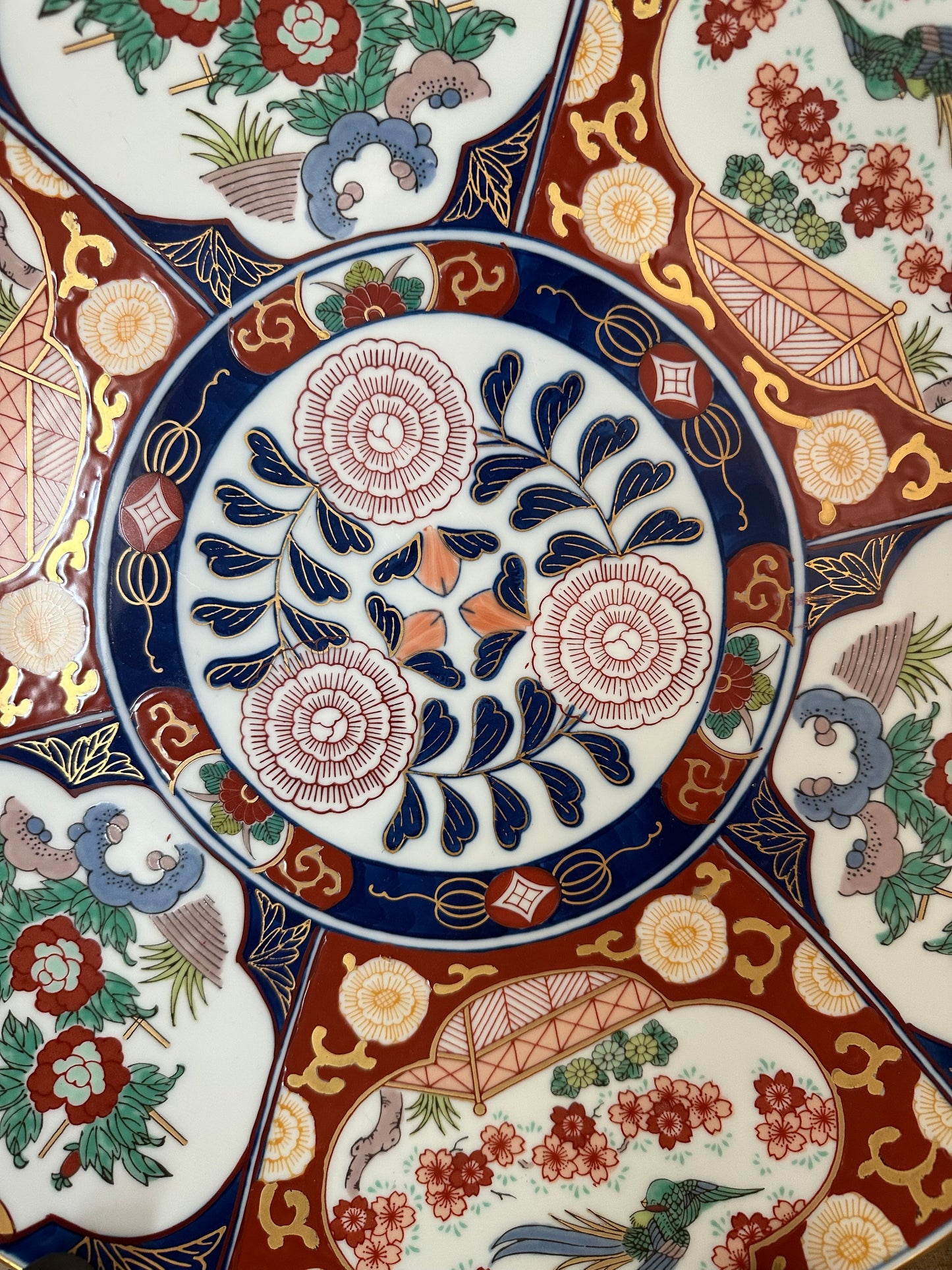 Large Hand Painted Imari Charger, Gold Imari Porcelain Platter with Stand |15.5"