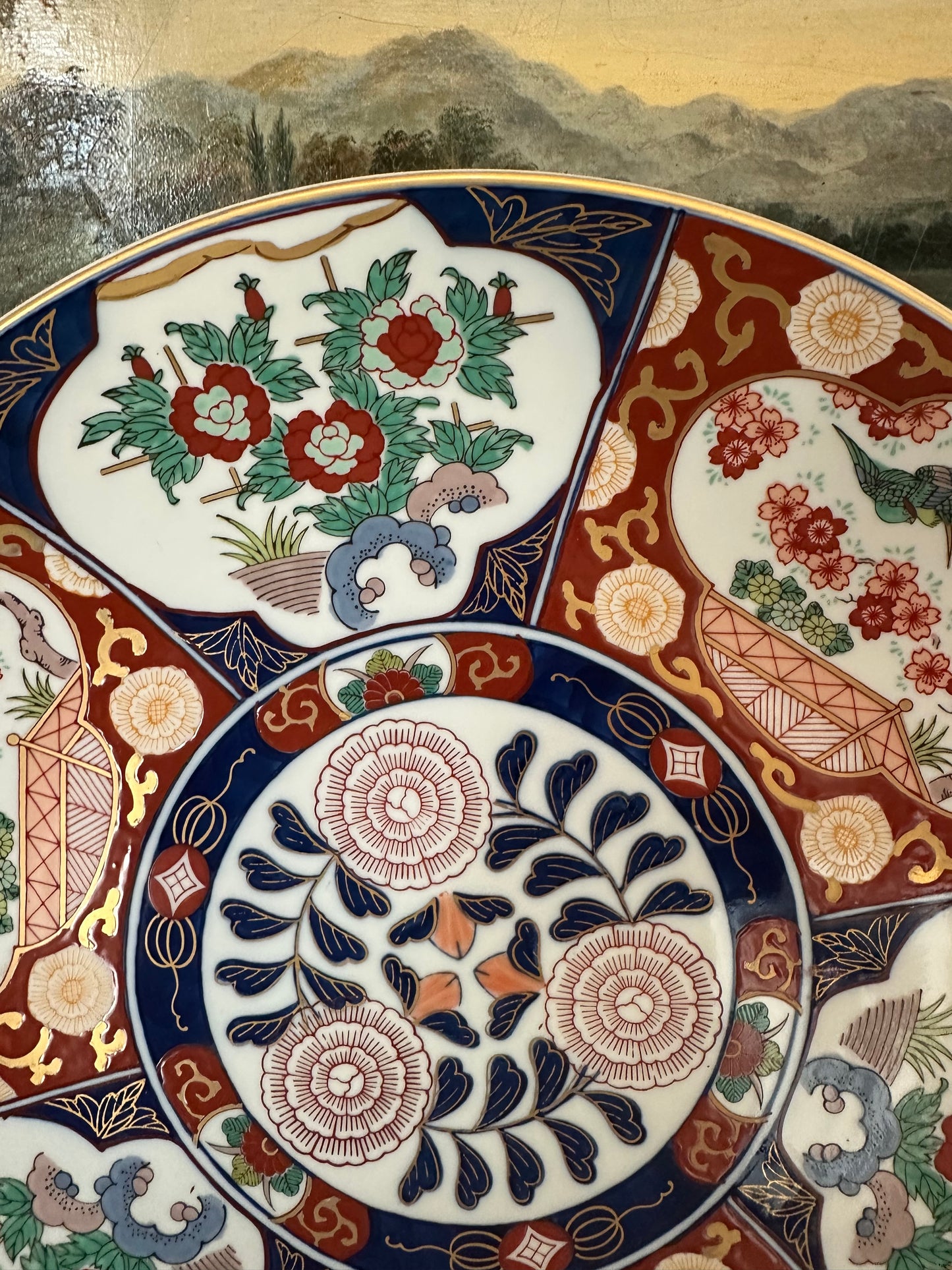 Large Hand Painted Imari Charger, Gold Imari Porcelain Platter with Stand |15.5"