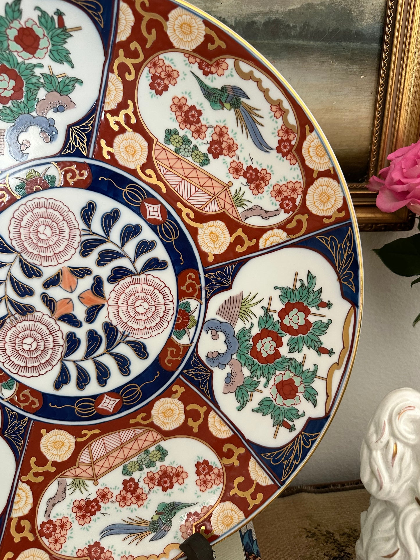 Large Hand Painted Imari Charger, Gold Imari Porcelain Platter with Stand |15.5"
