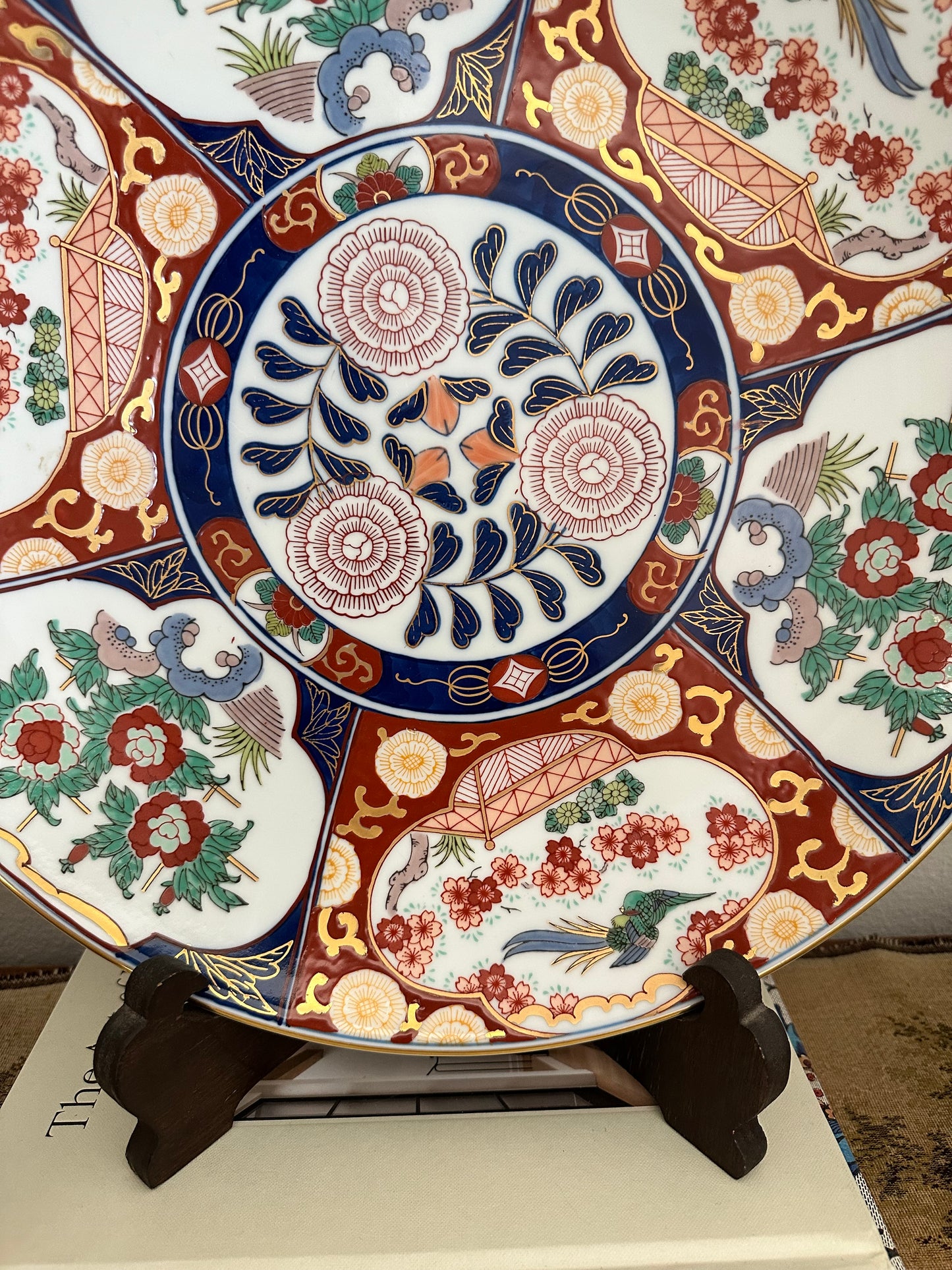 Large Hand Painted Imari Charger, Gold Imari Porcelain Platter with Stand |15.5"