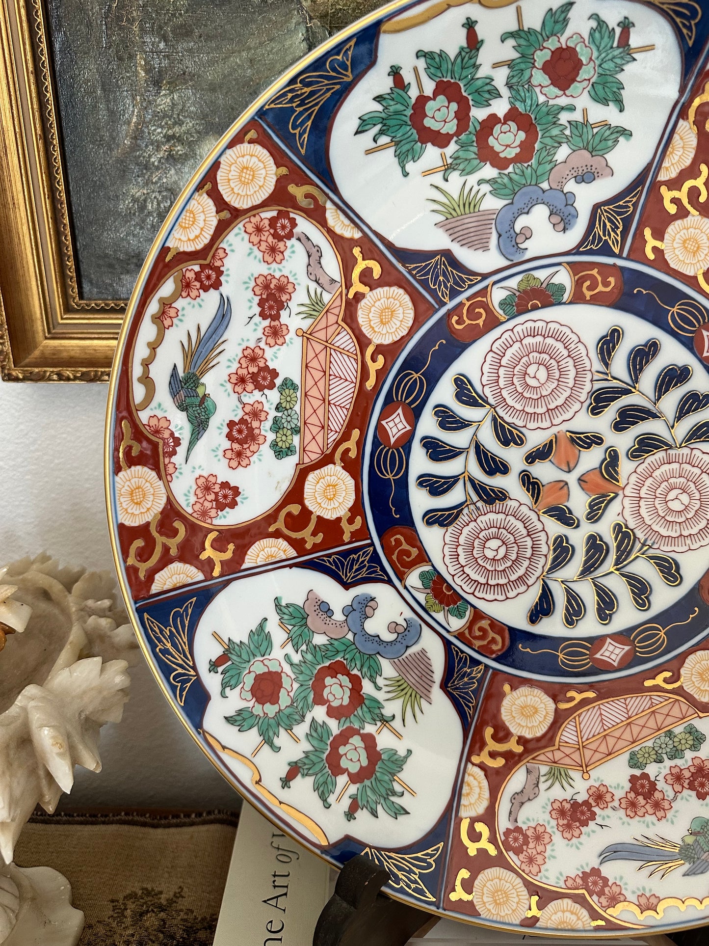 Large Hand Painted Imari Charger, Gold Imari Porcelain Platter with Stand |15.5"