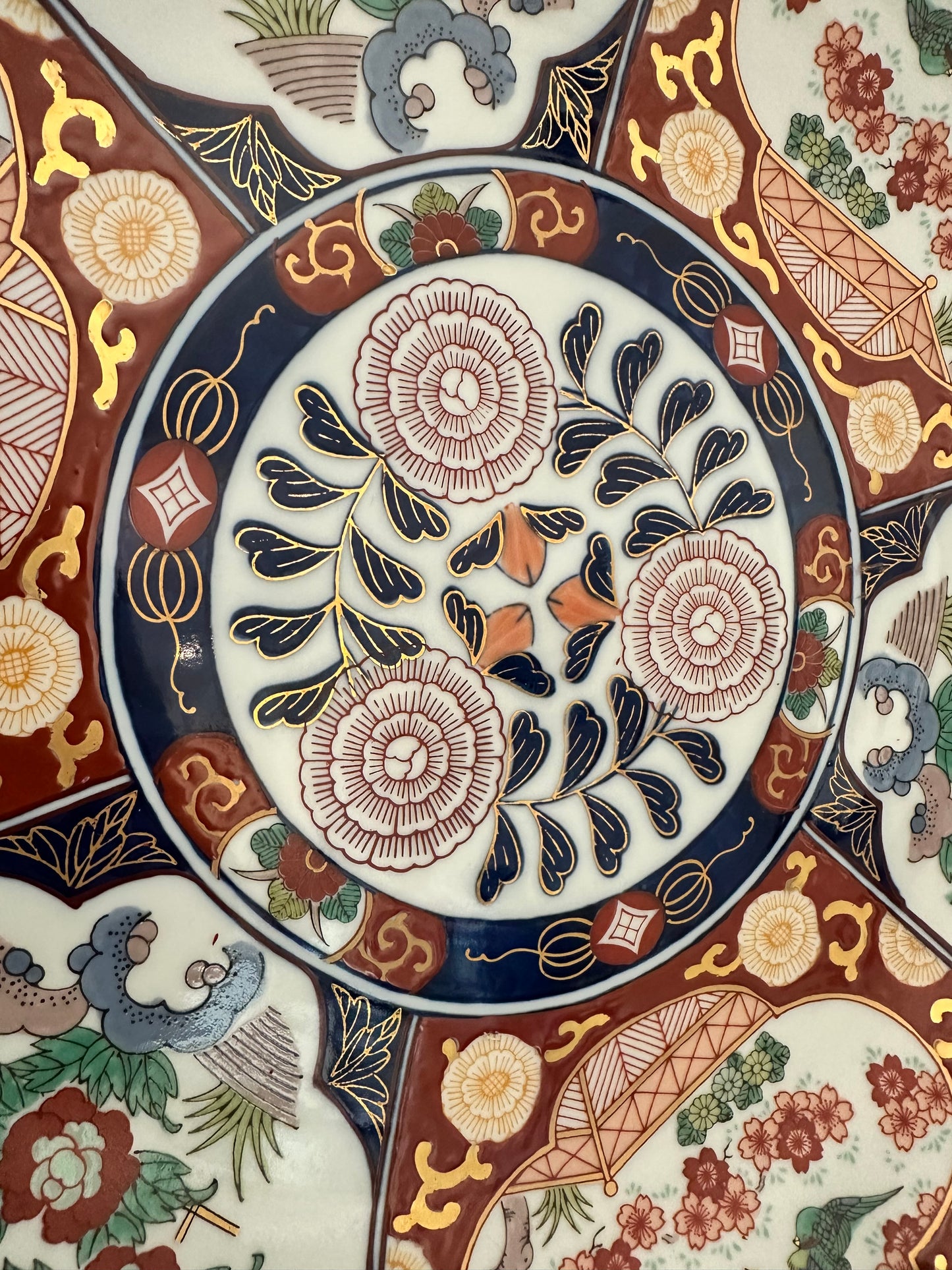 Large Hand Painted Imari Charger, Gold Imari Porcelain Platter with Stand |15.5"