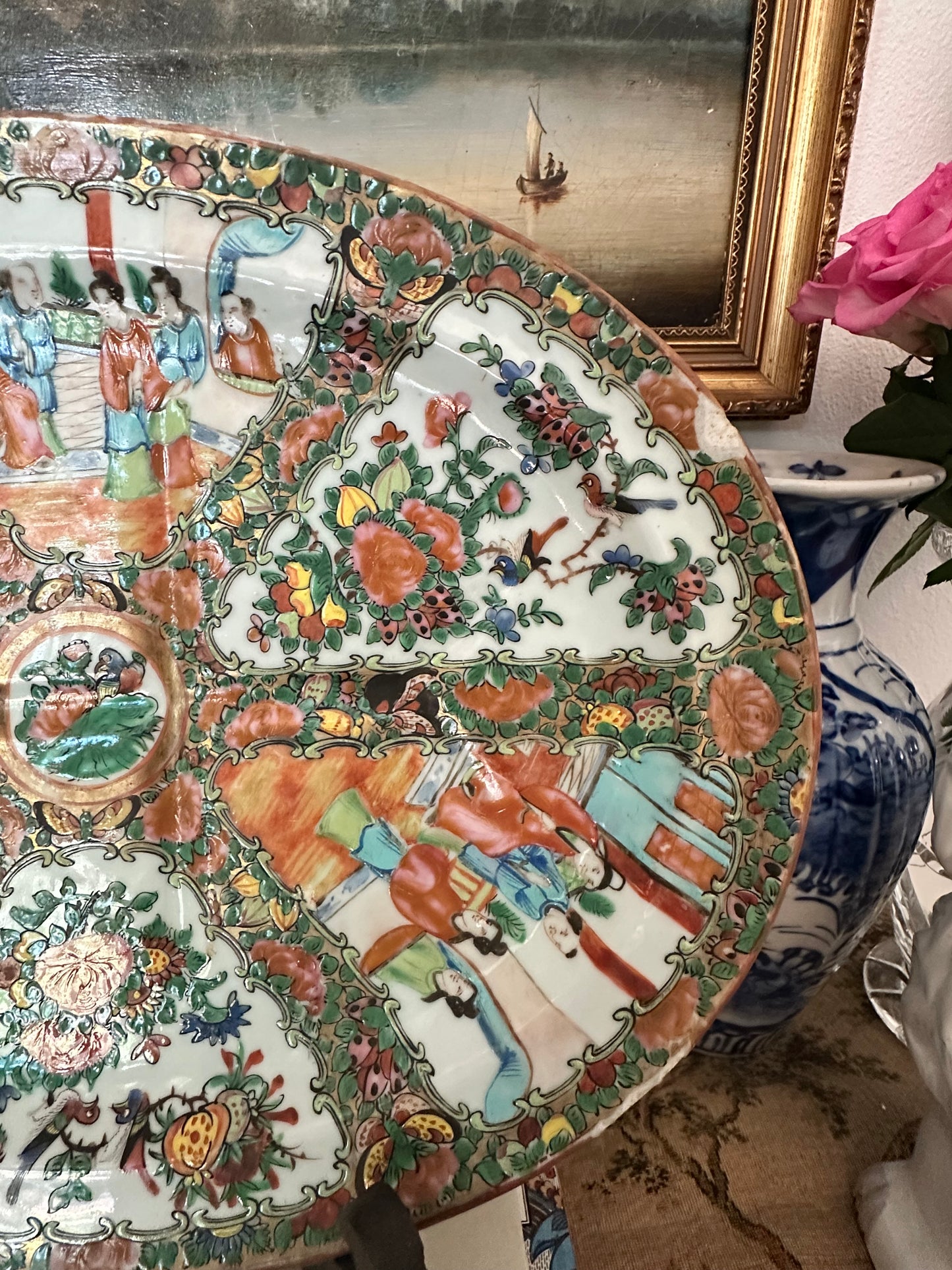Antique Rose Medallion Meat Platter | Chinese Export Serving Tray | 15" x 11.5"