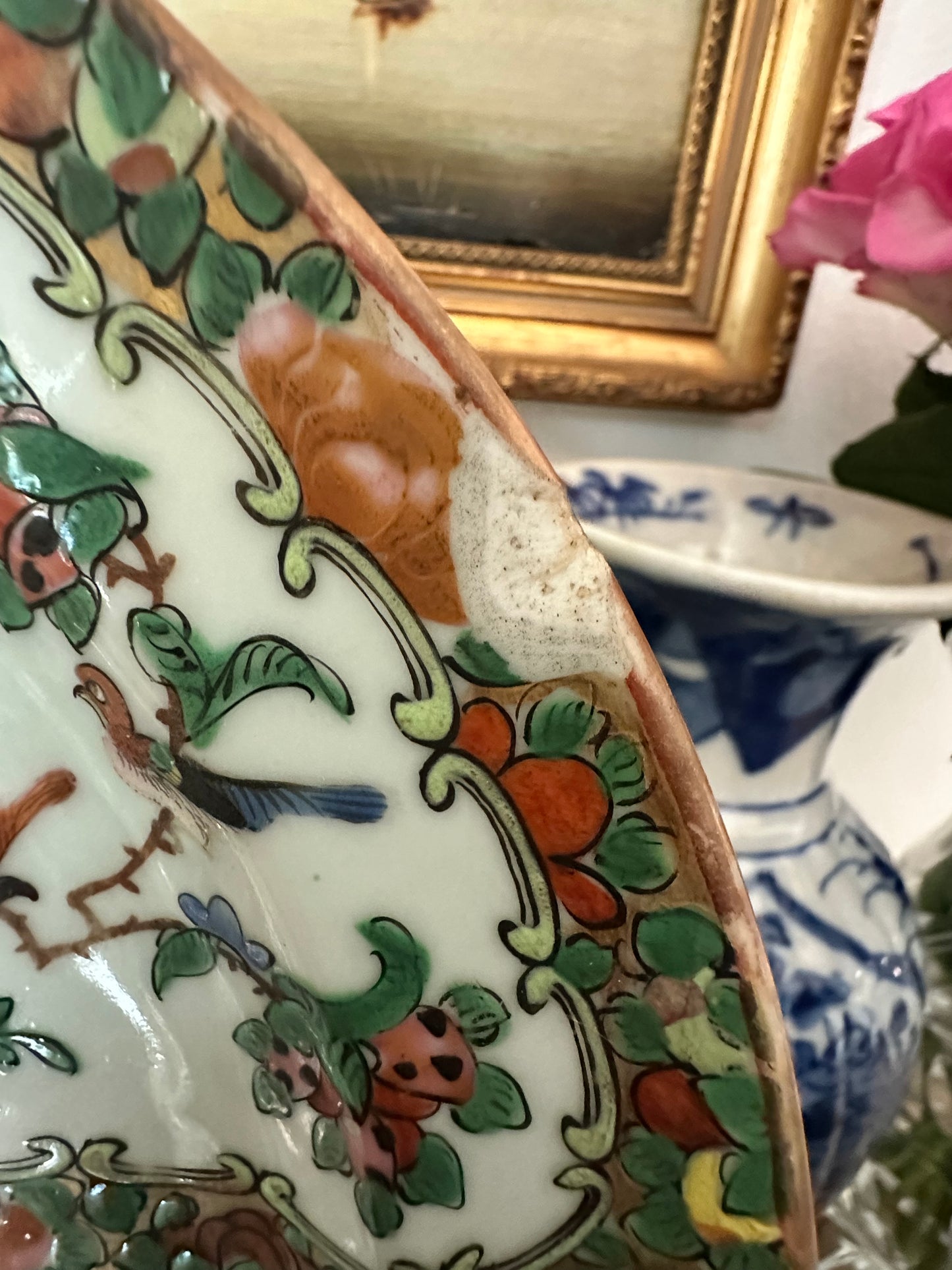 Antique Rose Medallion Meat Platter | Chinese Export Serving Tray | 15" x 11.5"